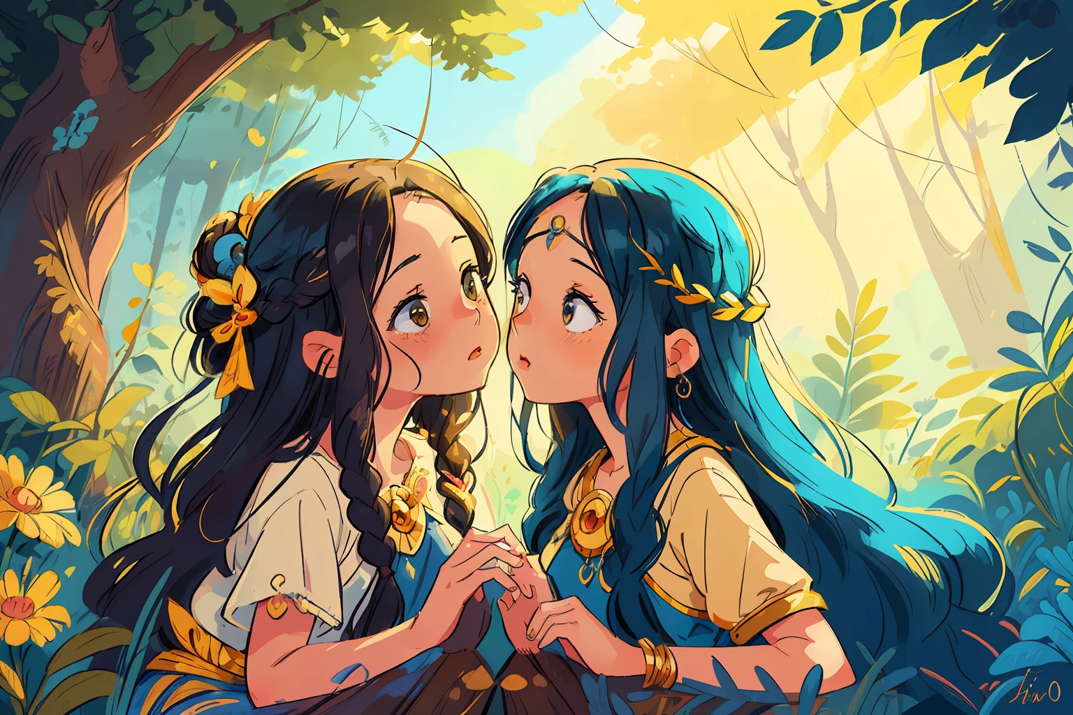 adesivo, fundo simples, portrait, 2 girls, couple, kissing, girl with long hair, beautiful goddess girl, goddess aesthetic, beautiful girl, very beautiful fantasy art, beautiful and elegant female goddess, beautiful detailed fantasy, yellow and blue color palate, blue color-theme