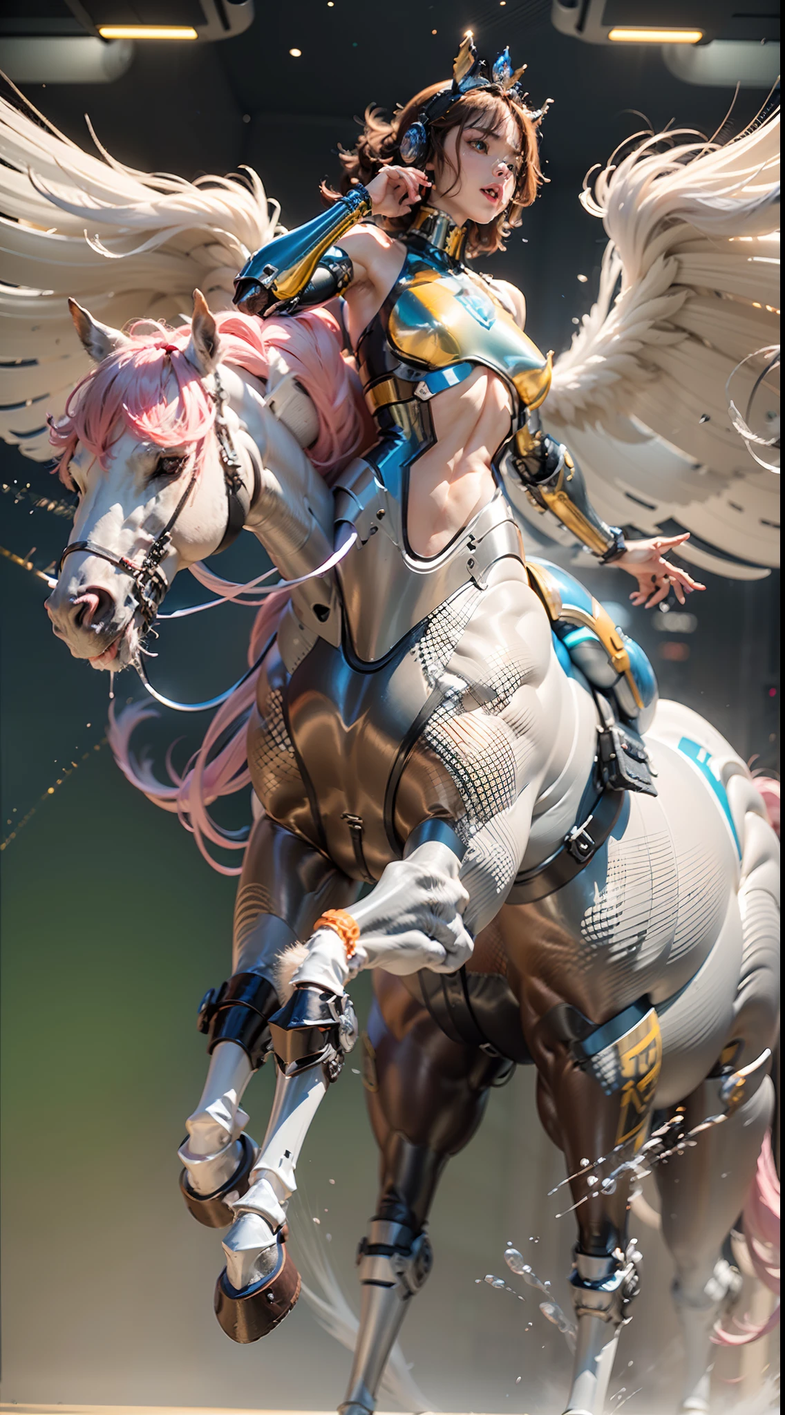 A female centaur,She is famous in the multiverse,She is both a female centaur, half human, half horse, half horse,It is also a female Yingzhao。She blends both images,The first is:((The head of the horse/neck/Shoulder these parts,Replaced with a beautiful female human upper body):9.9),of females are half-centaurs, half-horses, half-humans,The second is:((The head of the horse/neck/lower back/hason/gluteal/Shijo Thigh Female Embodiment):9.9),'s((Female half-horse with beautiful woman's):9.9,Chimer):9.9),(It's like a female human wearing a half-horse-like costume and making a seamless chimera:9.9),This chimerization is based on powerful futuristic technology。The ultra-wide-angle lens captures the image of her beautiful and ethereal wings on the ionosphere launching a super-high-speed charge and leaping。Her front half is distinctly feminine,Tall sexy body,possessed(K cup giant coconut tit chest:9.9),It has a small man's waist butterfly straddling(Long legs:9.9),The embedded interface of the half-horse part of the bent feminine state of the back half of the body is in the hip position。(The horse-shaped, half-horse torso form of her back body is completely female humanization9.9)。The chest cavity of a woman in the shape of a bent dog style embedded in the lower back position of the beautiful woman's body starting from the upper part of the sternum/lower back/Ventral transverse。Then there are the sexy beauty's upright hips,(Her entire body has been completely female and replaced by a female body:9.9),Including the half-horse part。Mechanized armor covers the legs with knee-shaped anti-joints and feet,And these parts are highly anthropomorphic,This makes her legs graceful and slender,Her four horse legs exploded in length proportions and was slender and toned,Under the legs are skinny white feet dressed in Skyscraper Heels,Use Midjourney's advanced stroke tools and color palettes, as well as texture packs, model packs, and texture tools,Concentration,Include all parts of her
