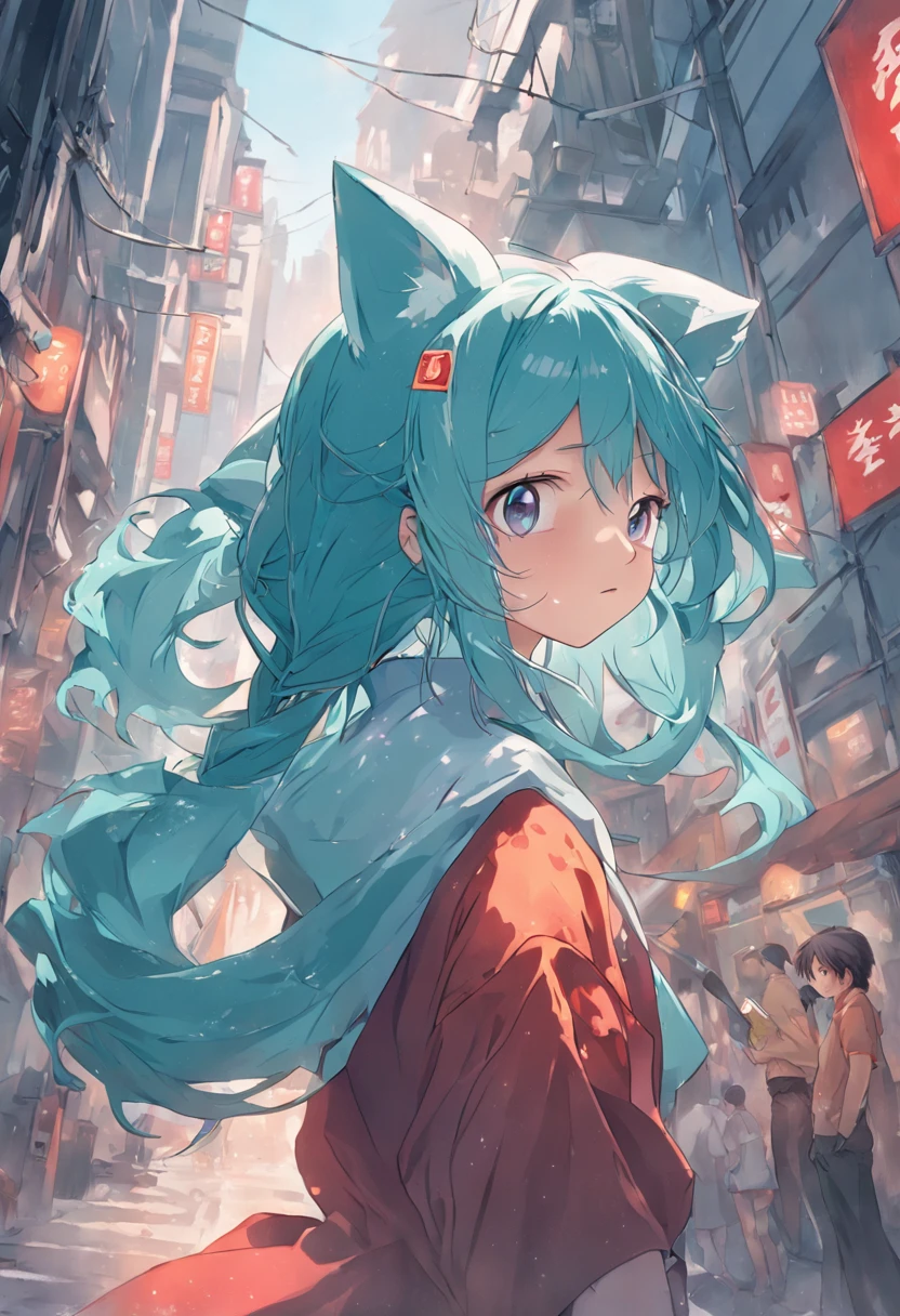 Japan townscape,Super clear,Perfect human body,Long cyan scarf,The scarf flutters,the street,A masterpiece,Turquoise hair,cyan eyes,Low double ponytail,lynx ears,Holding a book,Short tail,Dynamic posture,cute face,white backgrounid,swim wears,adolable,is shy
