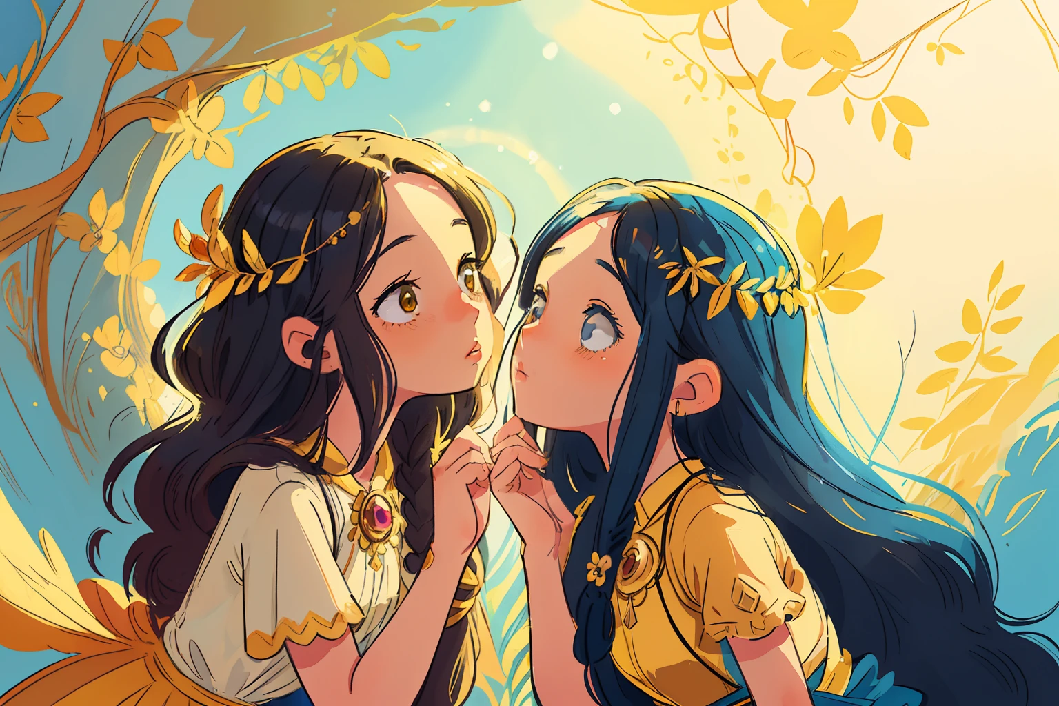 adesivo, fundo simples, portrait, 2 girls, couple, kissing, girl with long hair, beautiful goddess girl, goddess aesthetic, beautiful girl, very beautiful fantasy art, beautiful and elegant female goddess, beautiful detailed fantasy, yellow and blue color palate, blue color-theme