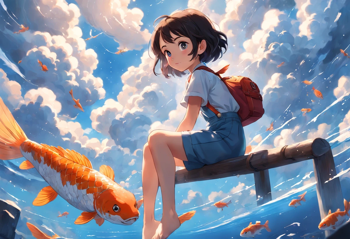 movie picture quality,Disney animation,Disney animated films, girl sitting on giant koi flying in the sky,Thick clouds,Short hair and small braids,Denim suspenders,The barefoot,depth of fields,high light,Real light,Ray traching,oc rendered,Hyper-realistic,best qualtiy,8K,Works of masters,super-fine,Detailed pubic hair,Correct anatomy,sharp focus on eyes,Bokeh,Facial features are carefully depicted