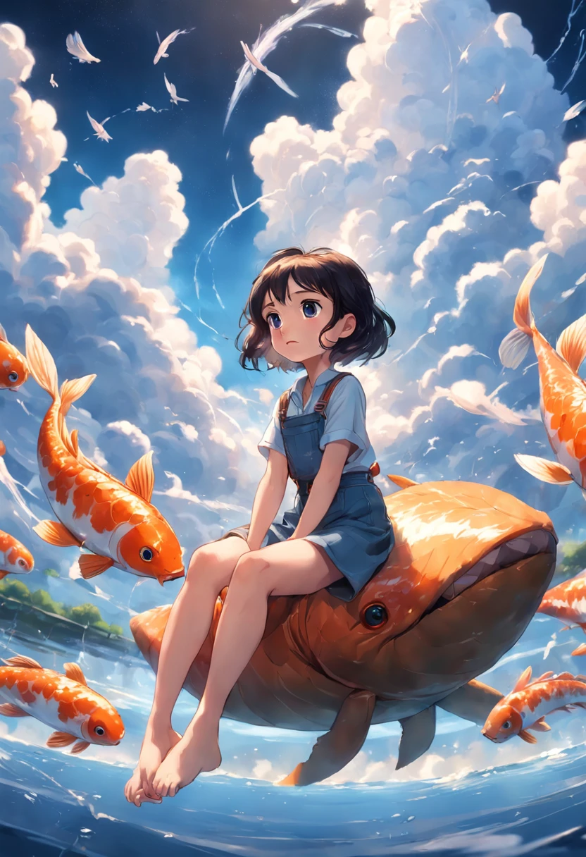 movie picture quality,Disney animation,Disney animated films, girl sitting on giant koi flying in the sky,Thick clouds,Short hair and small braids,Denim suspenders,The barefoot,depth of fields,high light,Real light,Ray traching,oc rendered,Hyper-realistic,best qualtiy,8K,Works of masters,super-fine,Detailed pubic hair,Correct anatomy,sharp focus on eyes,Bokeh,Facial features are carefully depicted
