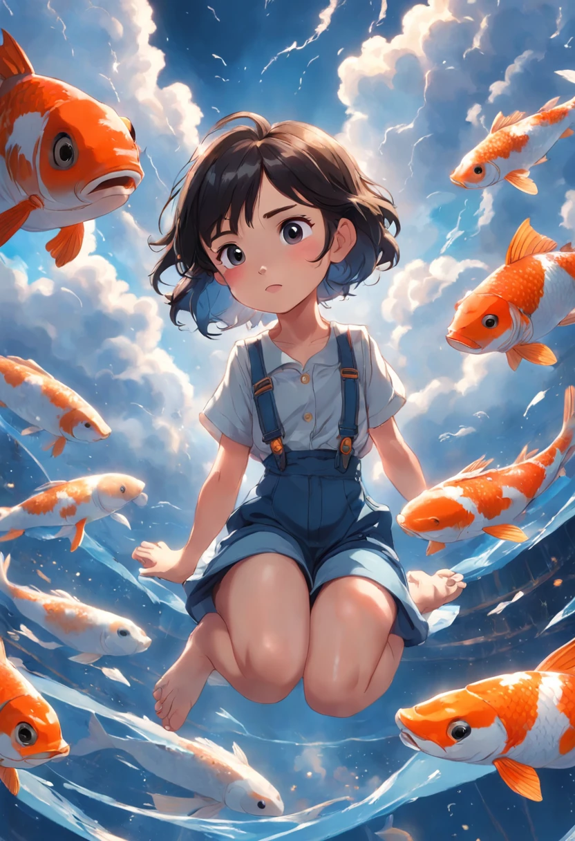 movie picture quality，Disney animation，Disney animated films，Little girl sitting on giant koi flying in the sky，Thick clouds，Short hair and small braids，Denim suspenders，The barefoot，depth of fields，high light，Real light，Ray traching，oc rendered，Hyper-realistic，best qualtiy，8K，Works of masters，super-fine，Detailed pubic hair，Correct ???????，sharp focus on eyes，Bokeh，Facial features are carefully depicted