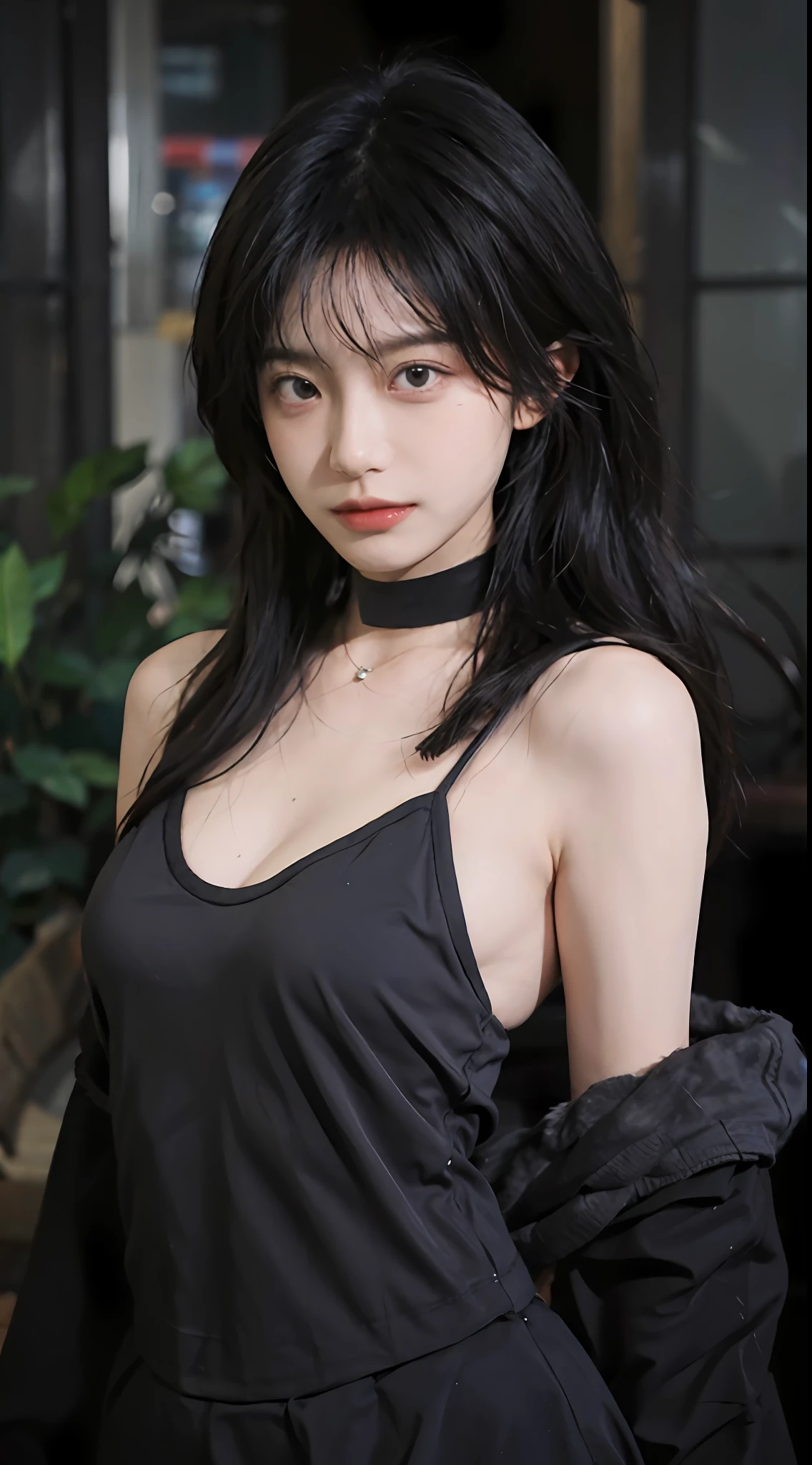 best qualtiy， 超高分辨率， （realisticlying：1.4），Baoyu Girl，1girll, with long coiled hair，Bring a black mask，Looking into the distance，nedium breasts，cute clothing，a sense of atmosphere，Beautiful woman with a slim figure:1.4, Ultra-fine face，Elaborate Eyes，二重まぶた，choker necklace