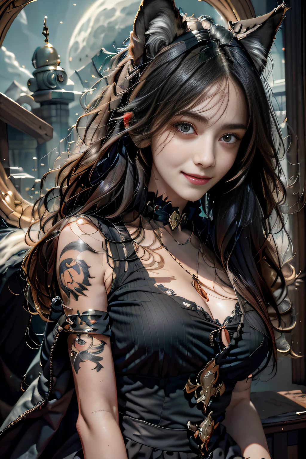 ((Masterpiece, Flåp style, artwork of a, Portrait, Half body)) Beautiful and elegant gangster girl,(no top dress),,On the front there is a tattoo of a large dragon, Detailed mask background, Dark ambient lighting, Footage taken from the front, fantasy, detailed tattoos, NSFW，(bared  chest:1.3)，Tattooed with，chest tattoo，long whitr hair，Seductive smiles，(tit:1.5) ，The tattoo covers the chest，clothes off