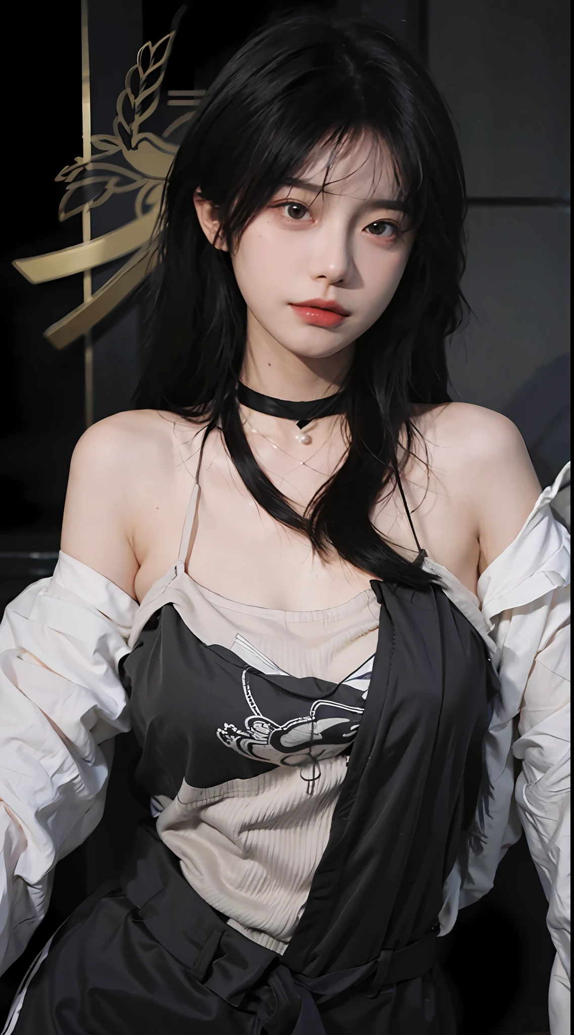 best qualtiy， 超高分辨率， （realisticlying：1.4），Baoyu Girl，1girll, with long coiled hair，Bring a black mask，Looking into the distance，nedium breasts，cute clothing，a sense of atmosphere，Beautiful woman with a slim figure:1.4, Ultra-fine face，Elaborate Eyes，二重まぶた，choker necklace
