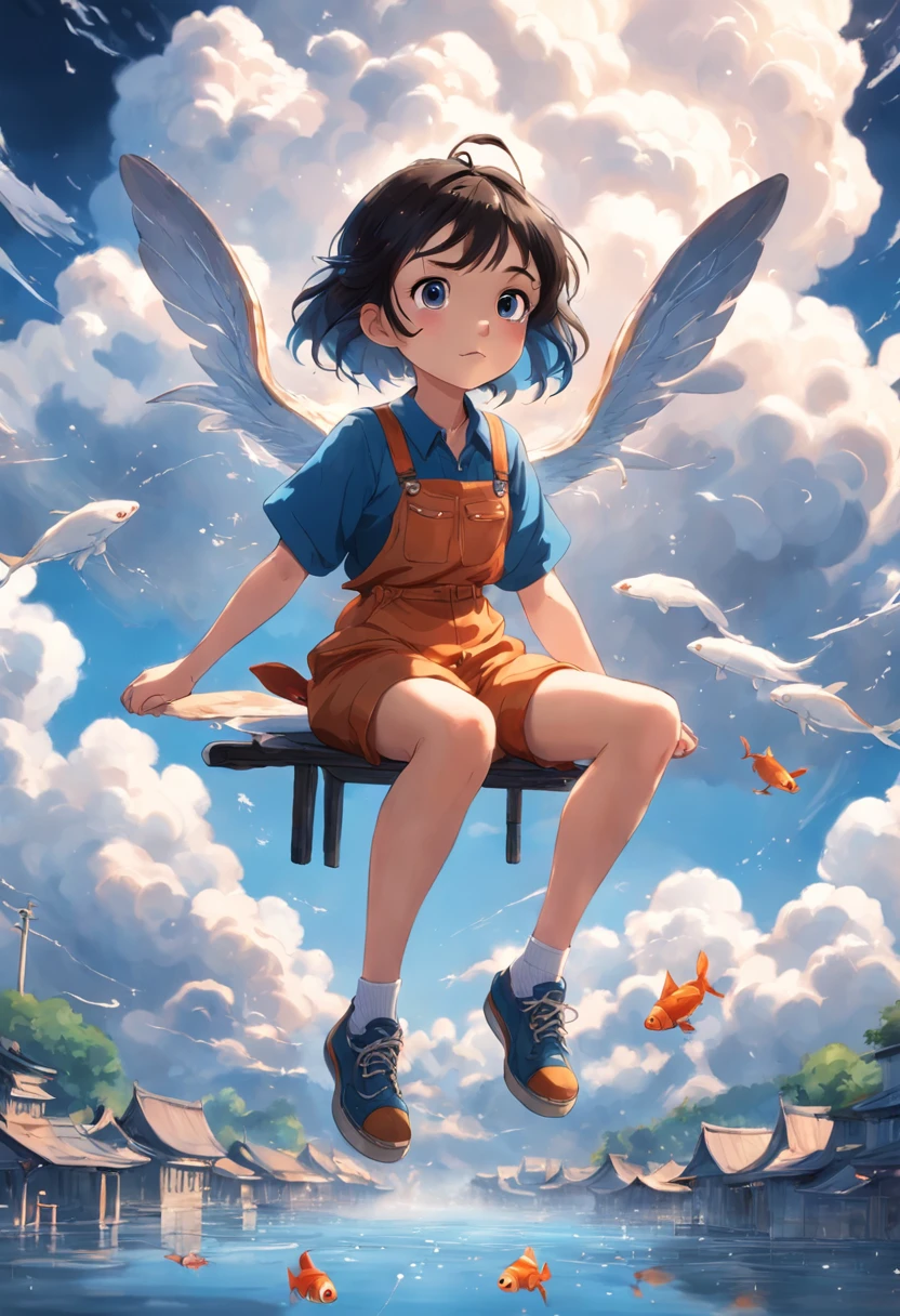 movie picture quality，Disney animation，Disney animated films，Little girl sitting on giant koi flying in the sky，Thick clouds，Short hair and small braids，Denim suspenders，The barefoot，depth of fields，high light，Real light，Ray traching，oc rendered，Hyper-realistic，best qualtiy，8K，Works of masters，super-fine，Detailed pubic hair，Correct anatomy，sharp focus on eyes，Bokeh，Facial features are carefully depicted