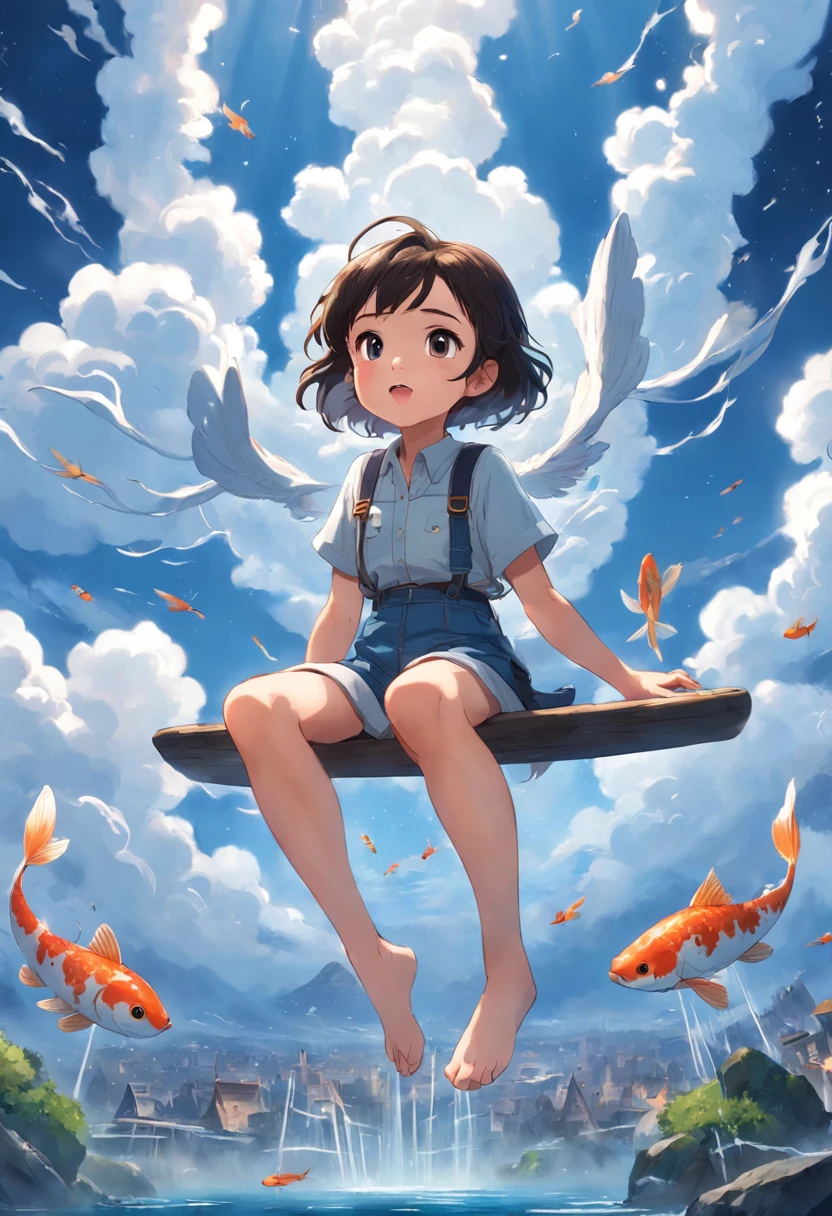 movie picture quality,Disney animation,Disney animated films,Little girl sitting on giant koi flying in the sky,Thick clouds,Short hair and small braids,Denim suspenders,The barefoot,depth of fields,high light,Real light,Ray traching,oc rendered,Hyper-realistic,best qualtiy,8K,Works of masters,super-fine,Detailed pubic hair,Correct anatomy,sharp focus on eyes,Bokeh,Facial features are carefully depicted