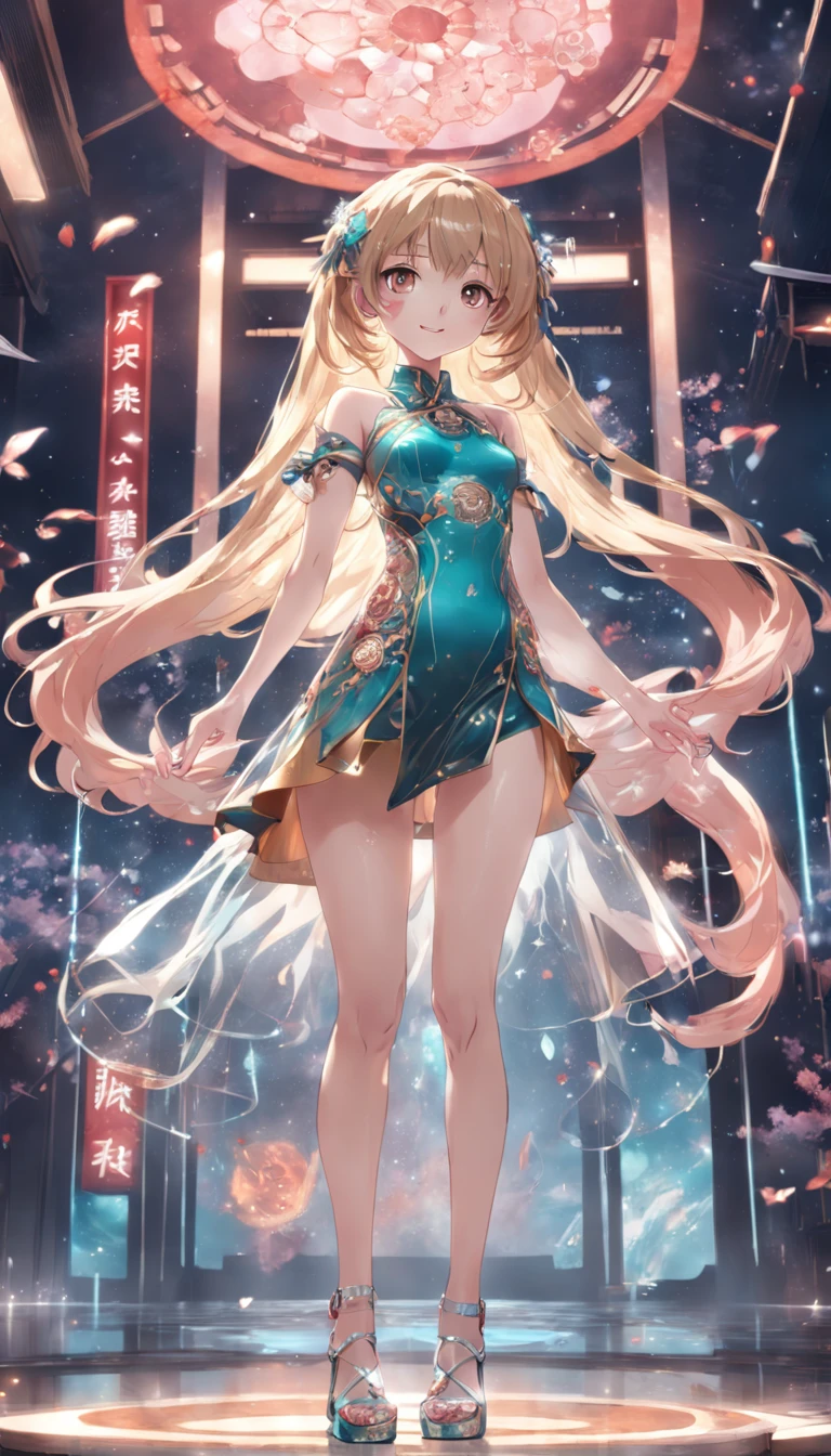 (full body shot of:1.4), Space art, Kaka Inoue、1 Cheongsam woman，Standing posture，Transparent robotic arm，Slender figure，perfectly proportions，Delicate hair accessories, Smile，Transparent mechanical shoes, Oriental elements, ( Bokeh)，High quality，4K，。.。.。.3D