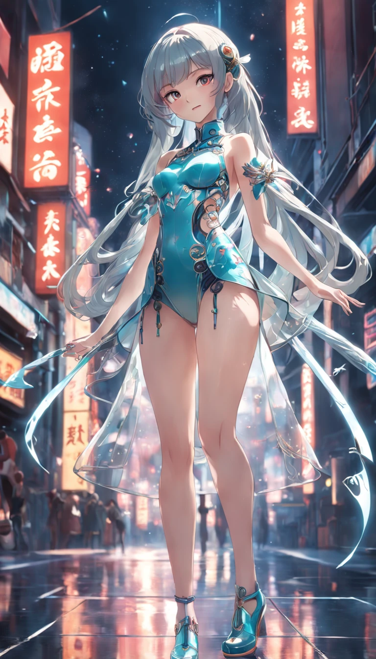 (full body shot of:1.4), Space art, Kaka Inoue、1 Cheongsam woman,Standing posture,Transparent robotic arm,Slender figure,perfectly proportions,Delicate hair accessories, Smile,Transparent mechanical shoes, Oriental elements, ( Bokeh),High quality,4K,。.。.。.3D