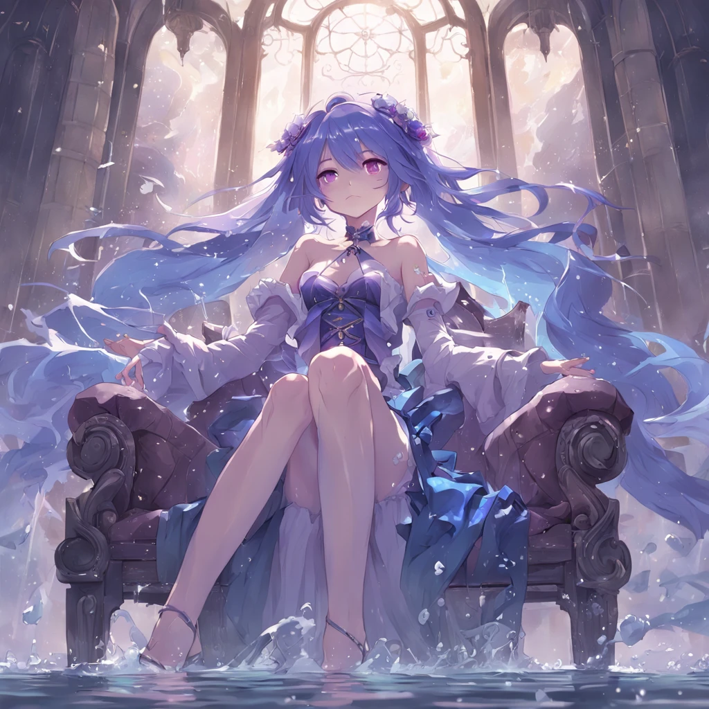 A girl with long purple gradient blue hair sits on an aristocratic chair, Water splashing art anime, Guweiz in Pixiv ArtStation, trending on artstation pixiv, style of anime4 K, Guweiz on ArtStation Pixiv, zerochan art, Anime fantasy illustration, Girl in a skirt, pixiv contest winner, Digital art on Pixiv，haughty，Exquisite aristocratic dress