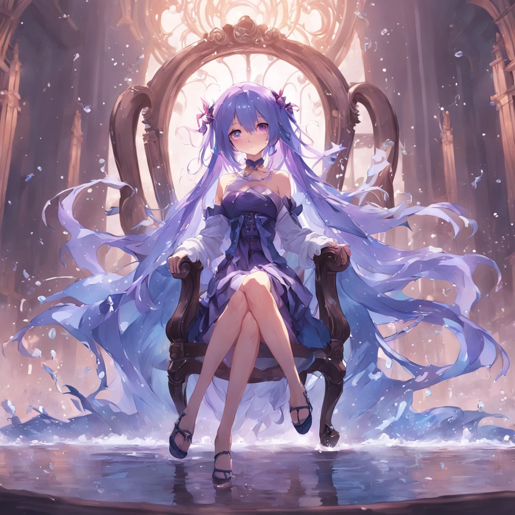 A girl with long purple gradient blue hair sits on an aristocratic chair, Water splashing art anime, Guweiz in Pixiv ArtStation, trending on artstation pixiv, style of anime4 K, Guweiz on ArtStation Pixiv, zerochan art, Anime fantasy illustration, Girl in a skirt, pixiv contest winner, Digital art on Pixiv,haughty,Exquisite aristocratic dress