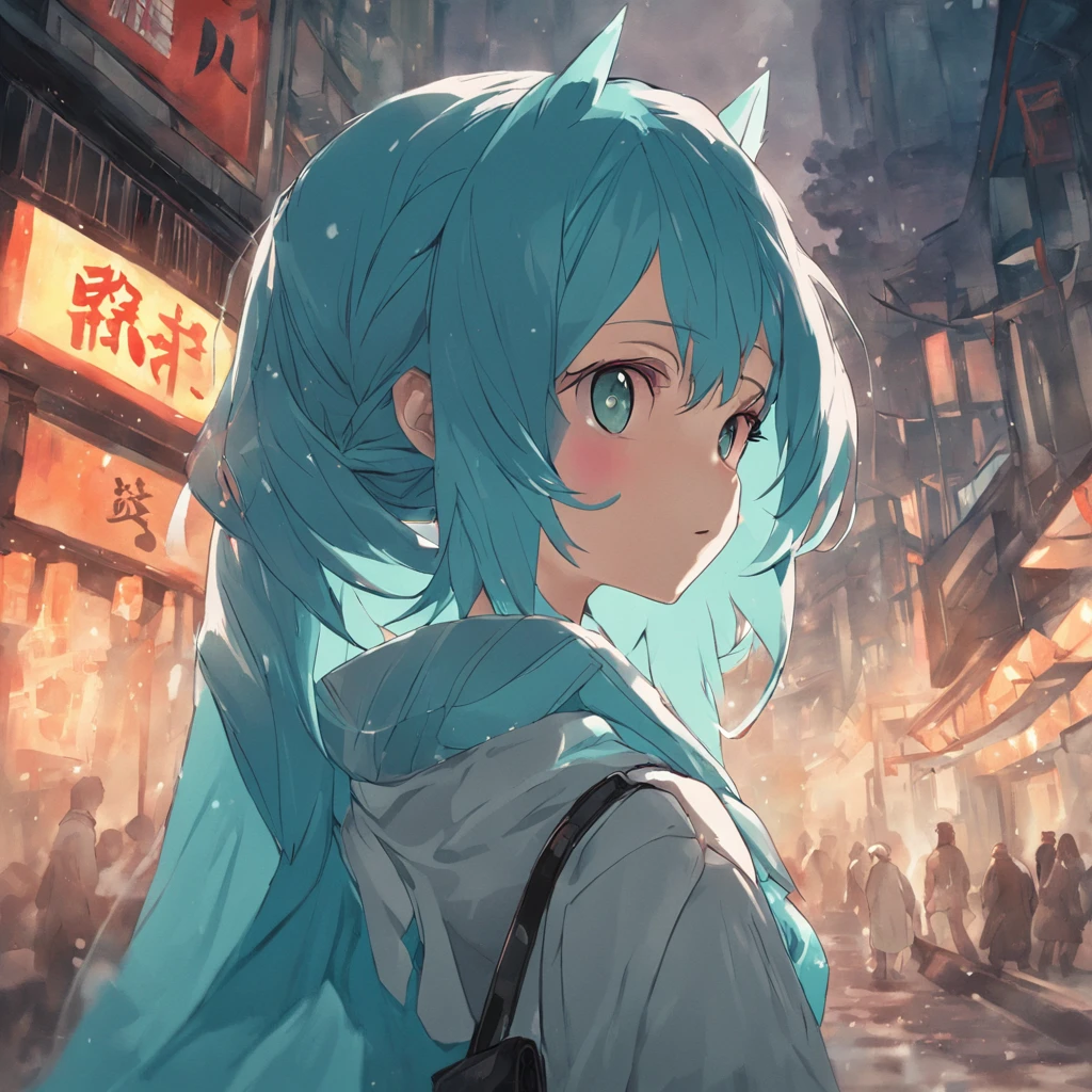 Japan townscape,Super clear,Perfect human body,Long cyan scarf,The scarf flutters,the street,A masterpiece,Turquoise hair,cyan eyes,Low double ponytail,lynx ears,Holding a book,Short tail,Dynamic posture,cute face,white backgrounid,swim wears,adolable,is shy