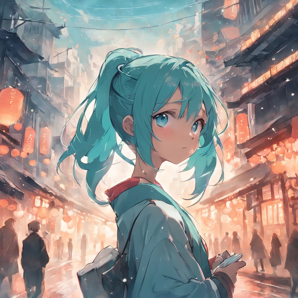 Japan townscape，Super clear，Perfect human body，Long cyan scarf，The scarf flutters，the street，A masterpiece，Turquoise hair，cyan eyes，Low double ponytail，lynx ears，Holding a book，Short tail，Dynamic posture，cute  face，white backgrounid，swim wears，adolable，is shy