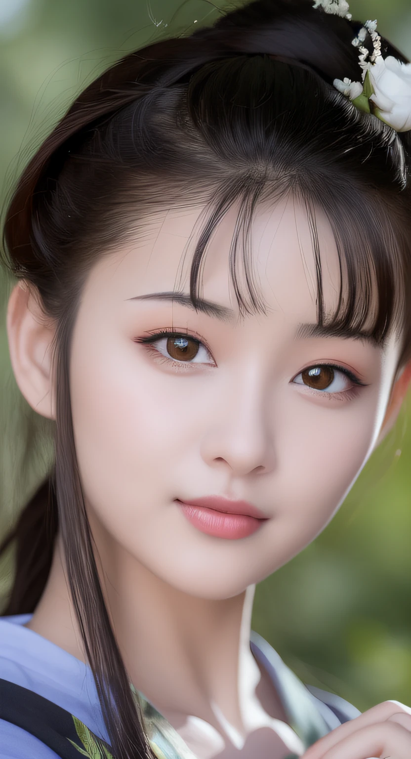 arafed asian woman with a flower in her hair, realistic. cheng yi, lovely delicate face, beautiful delicate face, beautiful aesthetic face, beautiful realistic face, realistic beautiful face, photorealistic beautiful face, dilraba dilmurat, feminine beautiful face, beautiful south korean woman, chinese girl, gorgeous face portrait, artwork in the style of guweiz