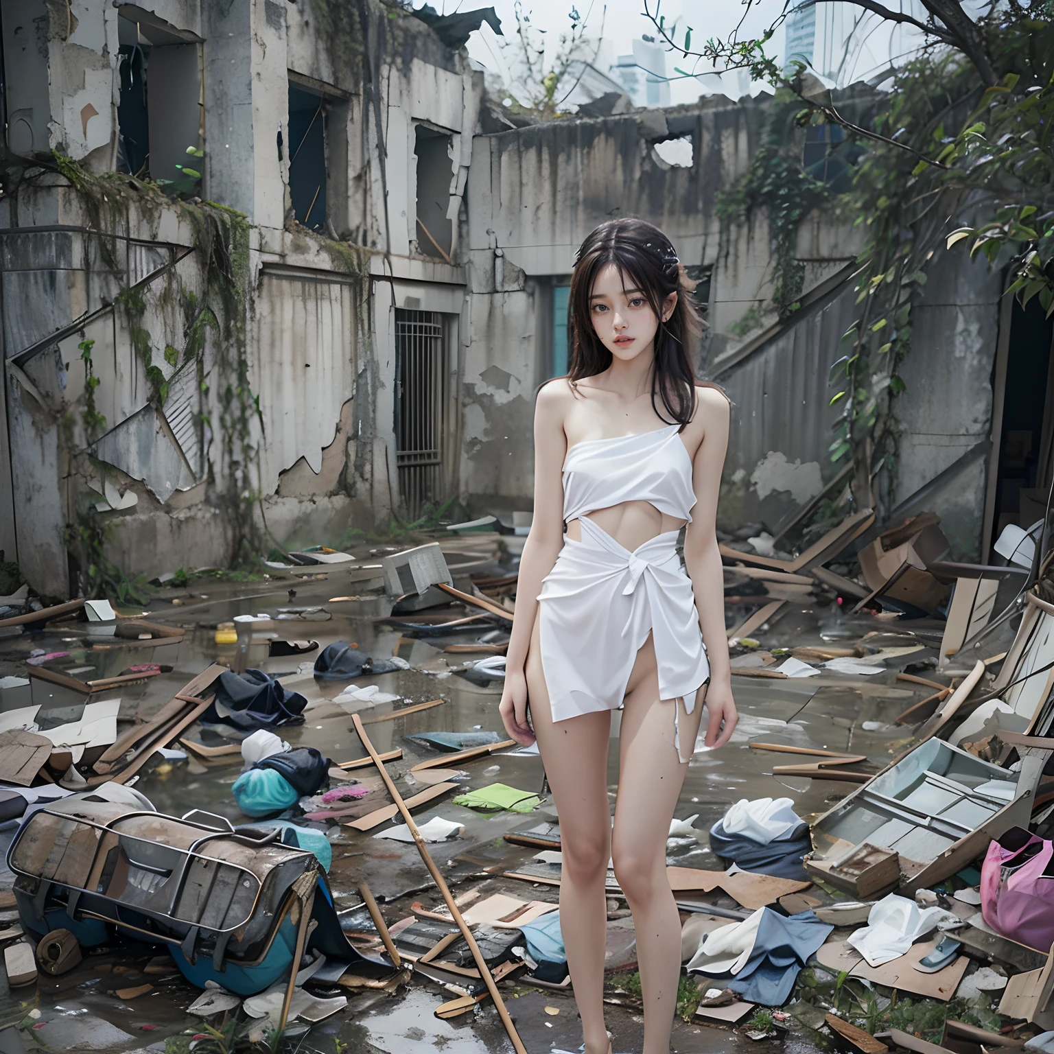 tmasterpiece，abandoned ruins，Garbage all over the ground，grimy，Sexy standing pose，18 years old korean beauty，very beautiful long slim legs，(((Random nudity)))，exhibitionists，Random exposure of genitals