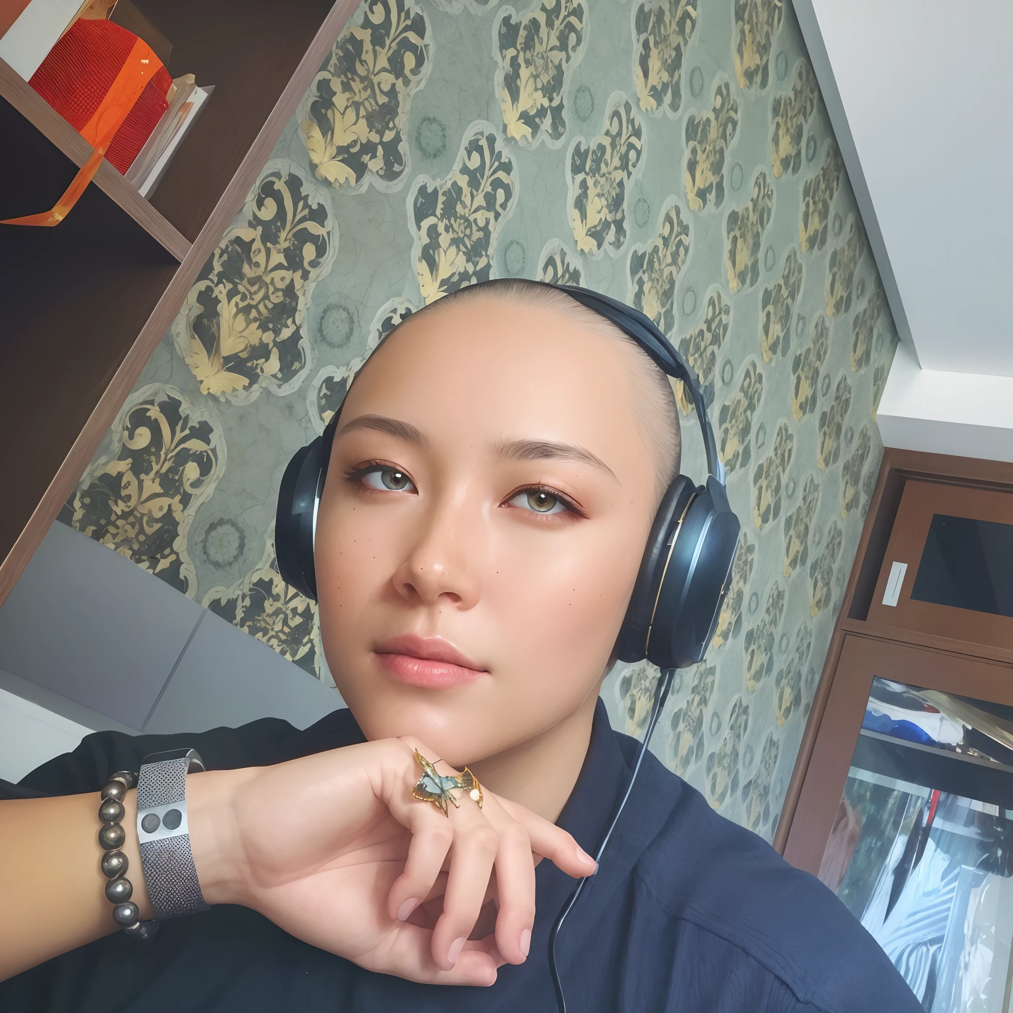 8k portrait of beautiful cyborg with brown hair, intricate, elegant, highly detailed, majestic, digital photography, art by artgerm and ruan jia and greg rutkowski surreal painting gold butterfly filigree, broken glass, (masterpiece, sidelighting, finely detailed beautiful eyes: 1.2), hdr, (detailed background window to a new dimension, plants and flowers:0.7) infinity, infinite symbol,