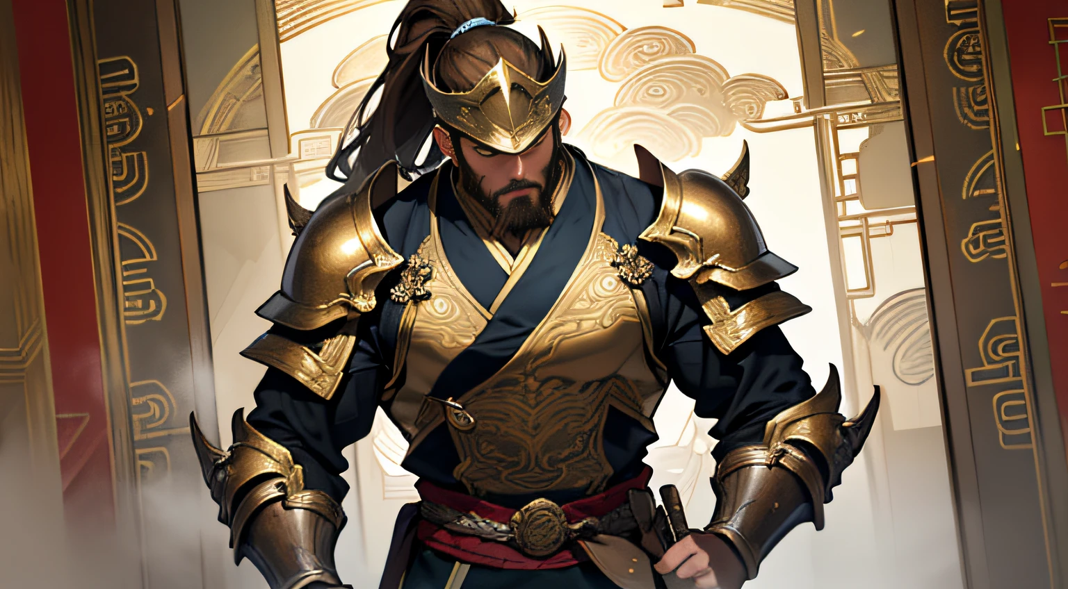 (4k, Best Picture Quality, A high resolution:1.1), (masterpiece:1.1), mtu, (Chinese male:1.2), Middle age, Ancient Chinese Battlefield，Inside the marquee，luz de velas，dimly lit，mtu（Male Warrior），musculous，Burly figure，Face details，swordsmen，High ponytail hairstyle，Brown hair long，bushy beard，，Chinese style armor，helmet on，The expression is serious，Clench your hands into fists，report，Perfectcomposition，Refinement，high qulity，higher details，Lots of details，The background is complex，a sense of atmosphere，