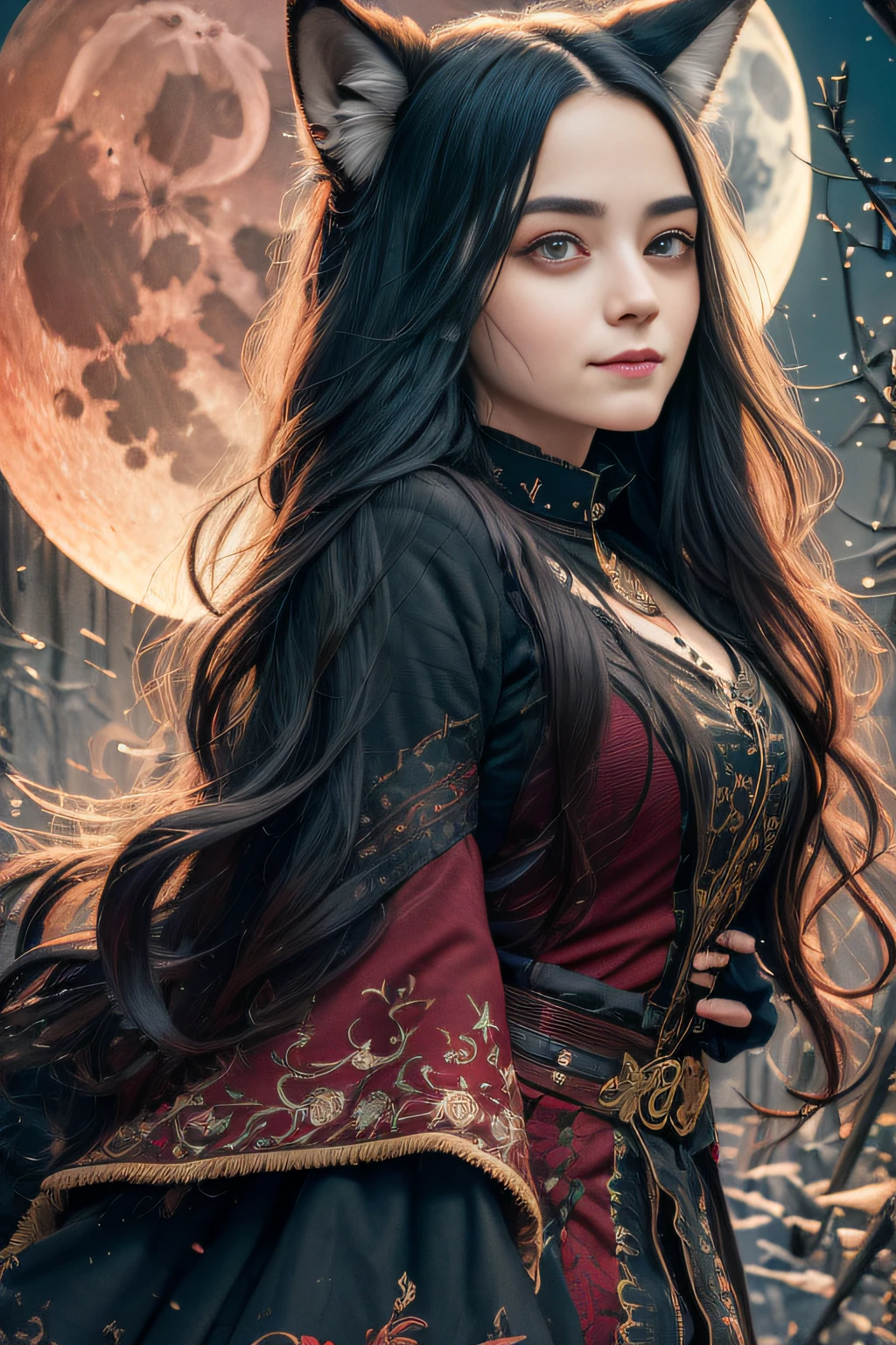 Best quality, Ultra-detailed, illustration, 1girll, Black long hair, Red eye, Wolf ears, black mantle, fluffy collar, forest, Moon, Sketch, full bodyesbian, Highest quality, Skin texture, Intricate details, (Cinematic lighting), RAW photo, 8K