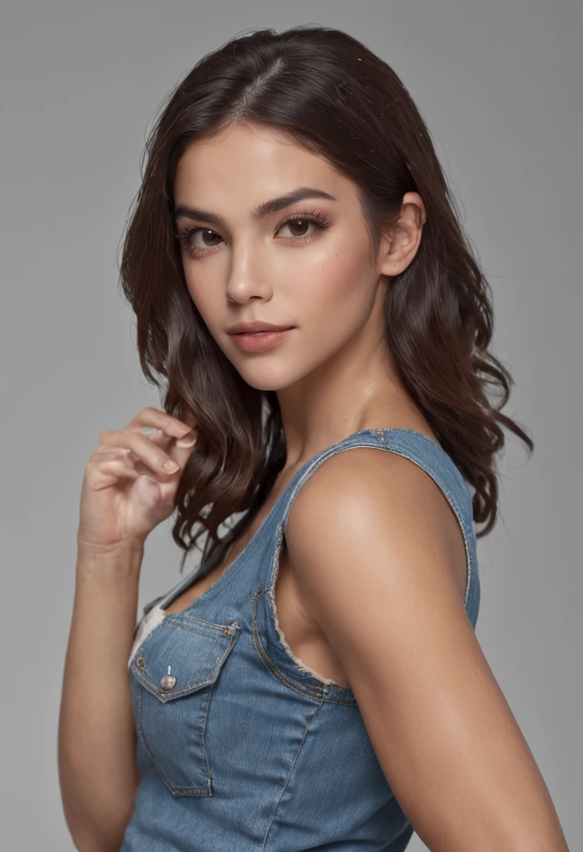 Mulher latina bonita em seus 20 e poucos anos, em shorts jeans curtos, (((corpo inteiro))). 4k resolution, corpo perfeito, rosto perfeito, super detalhado, Maximum hyper detailed realistic skin, (fotografia profissional), trending on ArtStation, foco nítido, Studio photo, detalhes intrincados, altamente detalhado, Directed by: Greg Rutkowski