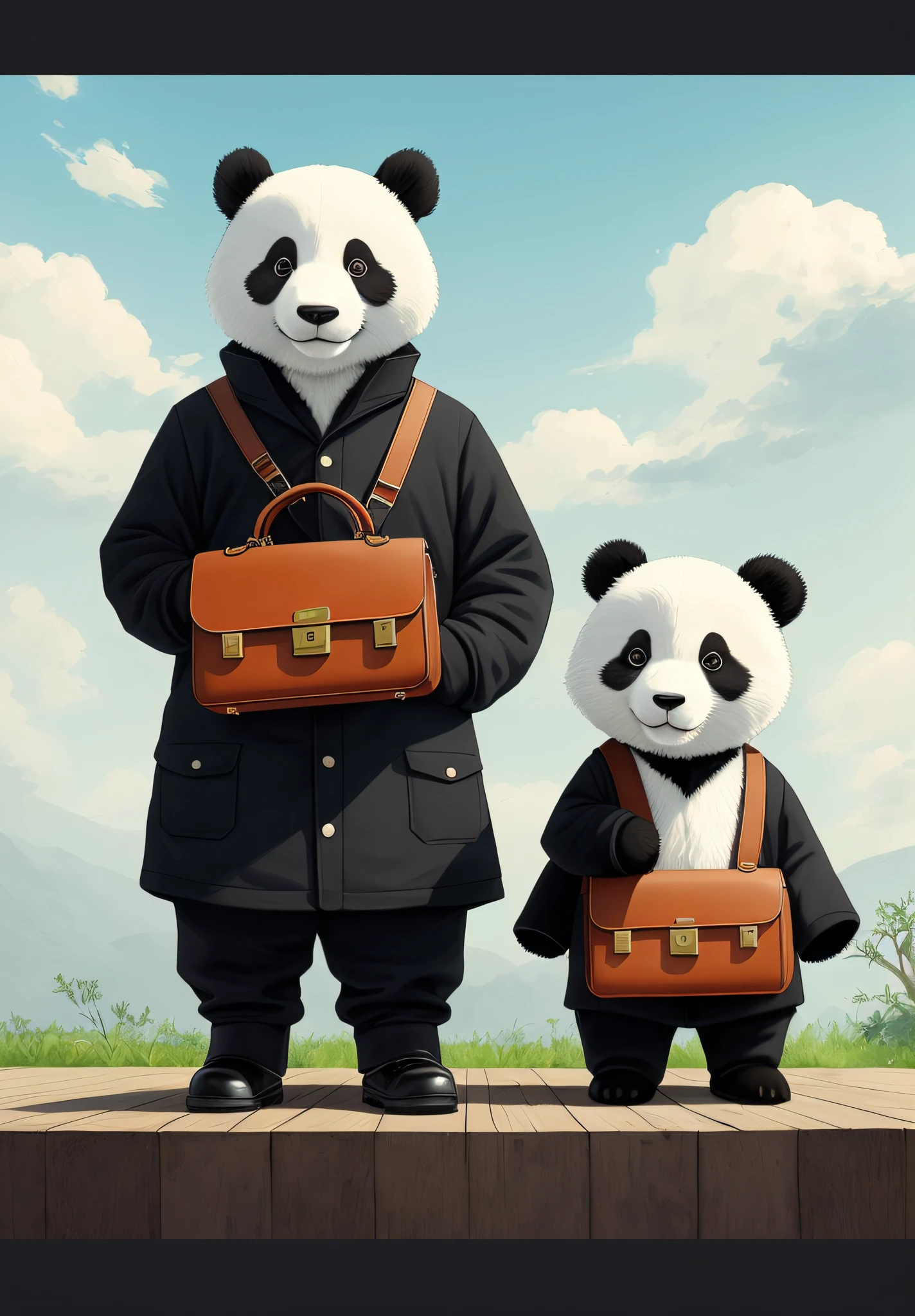 The panda on the left holds a handbag，The panda on the right is sideways，Han Yonghao storybook illustration, Pisif, concept-art, Children's art in ArtStation, The art in the style of Guvez, lovely digital painting, Beautiful artistic illustration, Guviz in《pix》curly, Guweiz in Pixiv ArtStation, Cute detailed digital art，A briefcase is placed under the bench