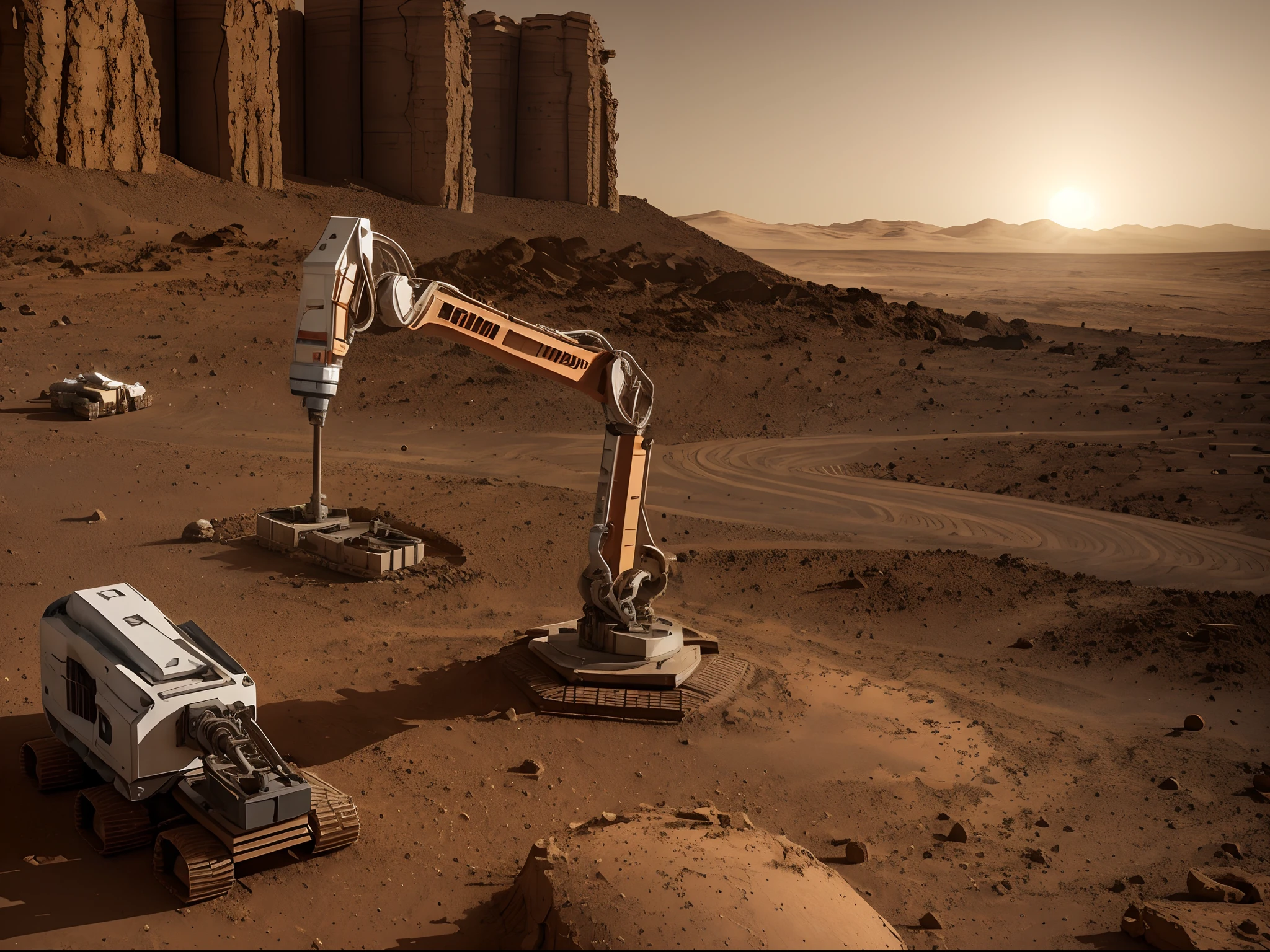 On Mars，A robotic arm has a nozzle at the end，Spray out the concrete piled up to form a wall，Accentuate the feeling of printing，detail-rich、复杂，Detailed landscapes，Volumetriclighting，（Detailed lighting）8K，highly details，hyper HD，hdr