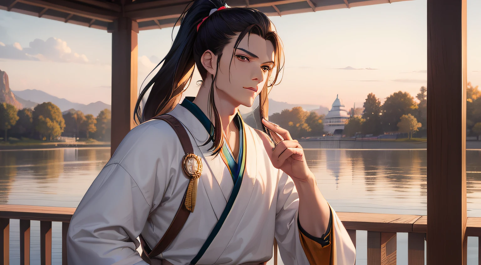 quadratic element,style of anime,A male warrior,Handsome,The muscle proportions are correct,Face details,swordsmen,High ponytail hairstyle,Hanfu costume,White tunic,hair detail,cabelos preto e longos,at dusk at golden hour,Small pavilion by the lake,big laughter,Perfectcomposition,Refinement,high qulity,higher details,Lots of details,The background is complex,a sense of atmosphere,
