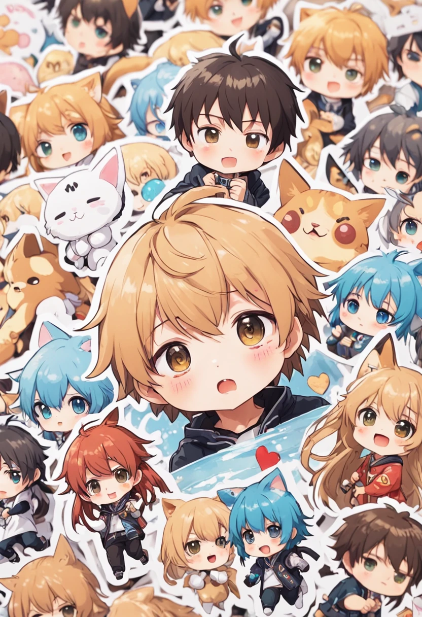 Close-up of a bunch of stickers,There is a different photo of a boy on it, a sticker, unused sticker sheet, Kawaii chibi, kawaii cutest sticker ever, Cute kawaii boy, Cute anime, Chibi anime boy, water color nendoroid, Cute anime style, Soft anime illustration, Anime moe art style, lovely art style, anime chibi, Moe anime boy, Cute anime cat