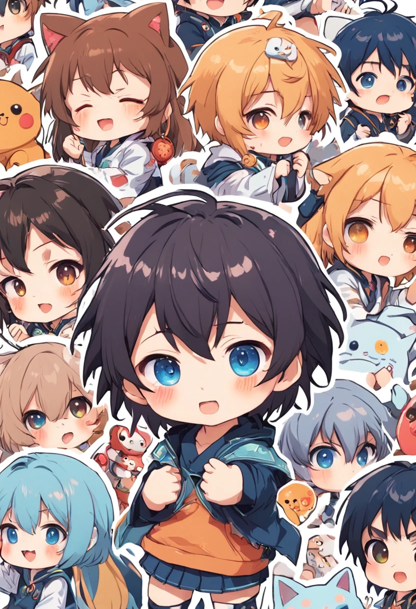 Close-up of a bunch of stickers,There is a different photo of a boy on it, a sticker, unused sticker sheet, Kawaii chibi, kawaii cutest sticker ever, Cute kawaii boy, Cute anime, Chibi anime boy, water color nendoroid, Cute anime style, Soft anime illustration, Anime moe art style, lovely art style, anime chibi, Moe anime boy, Cute anime cat