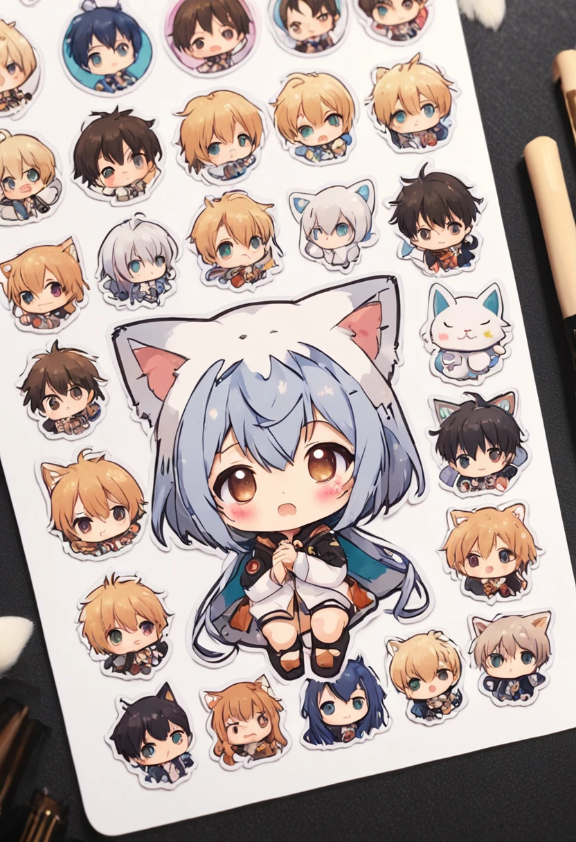 Close-up of a bunch of stickers,There is a different photo of a boy on it, a sticker, unused sticker sheet, Kawaii chibi, kawaii cutest sticker ever, Cute kawaii boy, Cute anime, Chibi anime boy, water color nendoroid, Cute anime style, Soft anime illustration, Anime moe art style, lovely art style, anime chibi, Moe anime boy, Cute anime cat