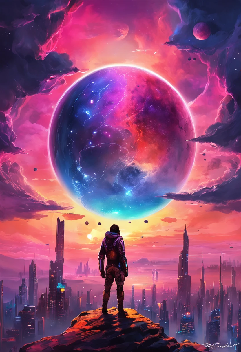 "Immersed in a cyberpunk-inspired, neon-drenched world, captivated by the surreal sight of a ring-shaped planet dominating the sky, filled with mesmerizing digital artistry."