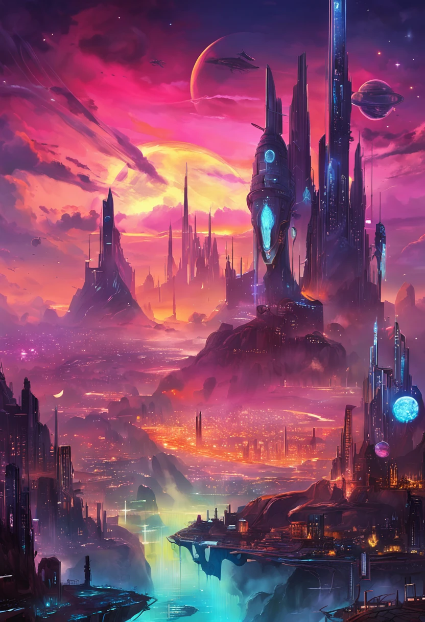 "Immersed in a cyberpunk-inspired, neon-drenched world, captivated by the surreal sight of a ring-shaped planet dominating the sky, filled with mesmerizing digital artistry."