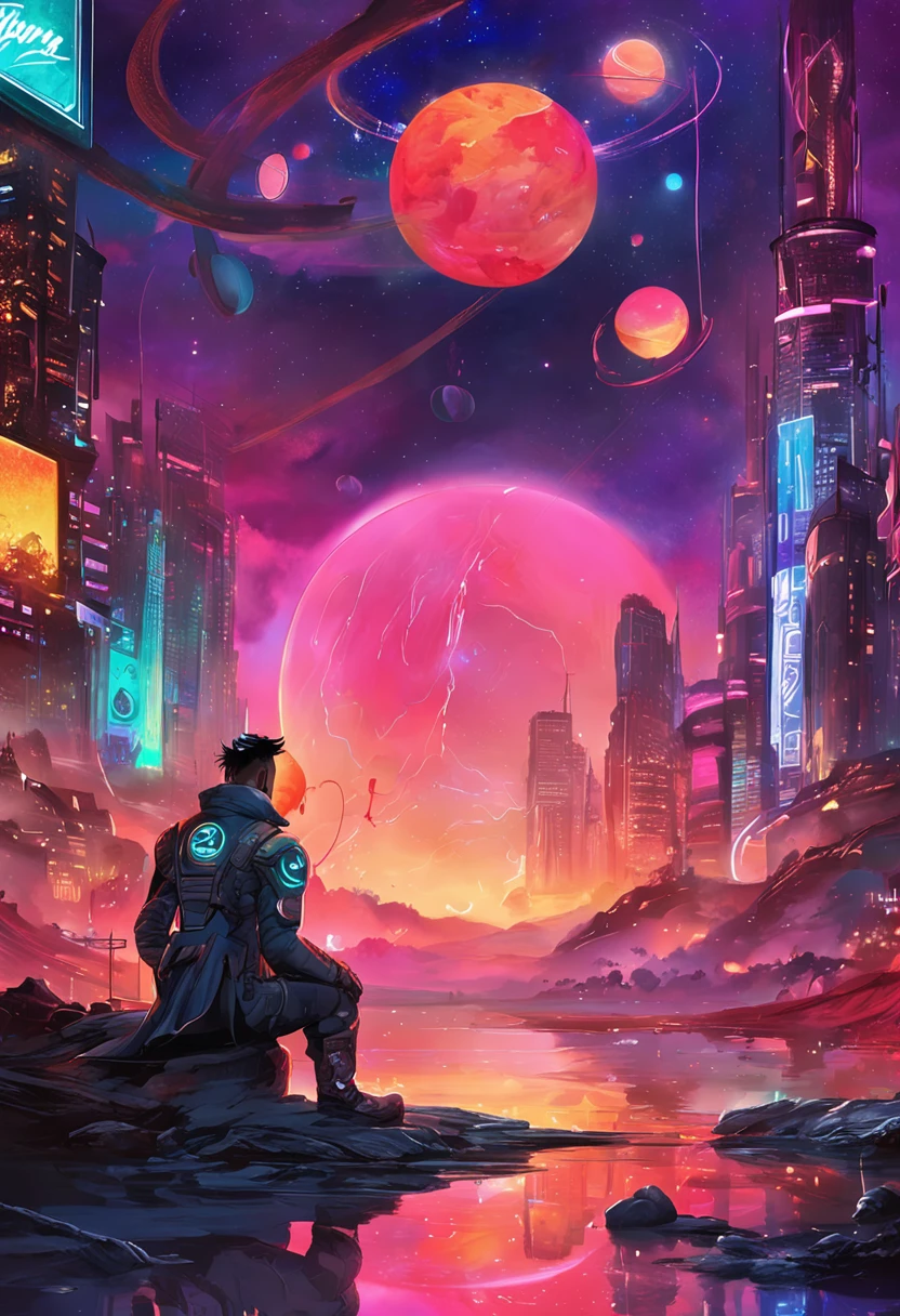 "Immersed in a cyberpunk-inspired, neon-drenched world, captivated by the surreal sight of a ring-shaped planet dominating the sky, filled with mesmerizing digital artistry."