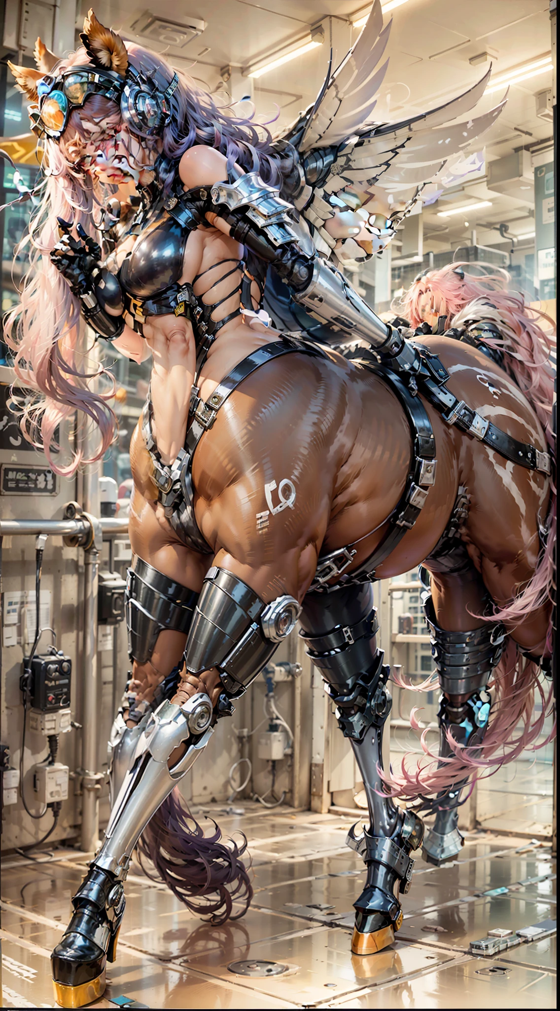 (A female centaur:1.5),She is both(Female: Centaur, half human, half horse, half horse, half horse:1.5),It is also a female Yingzhao。She blends both images,The first is:((The head of the horse/neck/Shoulder these parts,Replaced with a beautiful female human upper body):9.9),'s(Female, half-centaur, half-human, half-horse, half-human:1.5),The second is:((The head of the horse/neck/lower back/hason/gluteal/Shijo Thigh Female Embodiment):9.9),'s(Seamless chimera of a female half-horse with a beauty:9.9),(It's like a chimera of a female human and a half-horse costume:9.9),This chimerism is based on a strong future(Technologie:1.5)above。The ultra-wide-angle lens captures the image of her beautiful and ethereal wings on the ionosphere launching a super-high-speed charge and leaping。Her front half is distinctly feminine,Tall sexy body,possessed(K cup giant coconut tit chest:9.9),Has(Narrowed small brute waist 5.5)、Butterfly cross、(Long legs:9.9),The embedded interface of the bent female metamorphosis part of the back half of the body is at the hip position of the front half of the body。(The horse-shaped, half-horse torso form of her back body is completely female humanization9.9)。Translucent fluid flowing from the(Narrowed sternum 5.5)The upper end begins to embed the chest cavity of a woman in the shape of a bent dog style at the back of the beautiful woman's body/lower back/Ventral transverse。Then there are the sexy beauty's upright hips,(Her entire body has been completely female and replaced by a female body:9.9),Including the half-horse part。Mechanized armor covers the legs with knee-shaped anti-joints and feet,And these parts are highly anthropomorphic,This makes her legs graceful and slender,Her four horse legs exploded in length proportions and was slender and toned,Under the legs are skinny white feet dressed in Skyscraper Heels,Use Midjourney's advanced stroke tools and color palettes, as well as texture packs, model packs, and texture tools,Concentration,Include