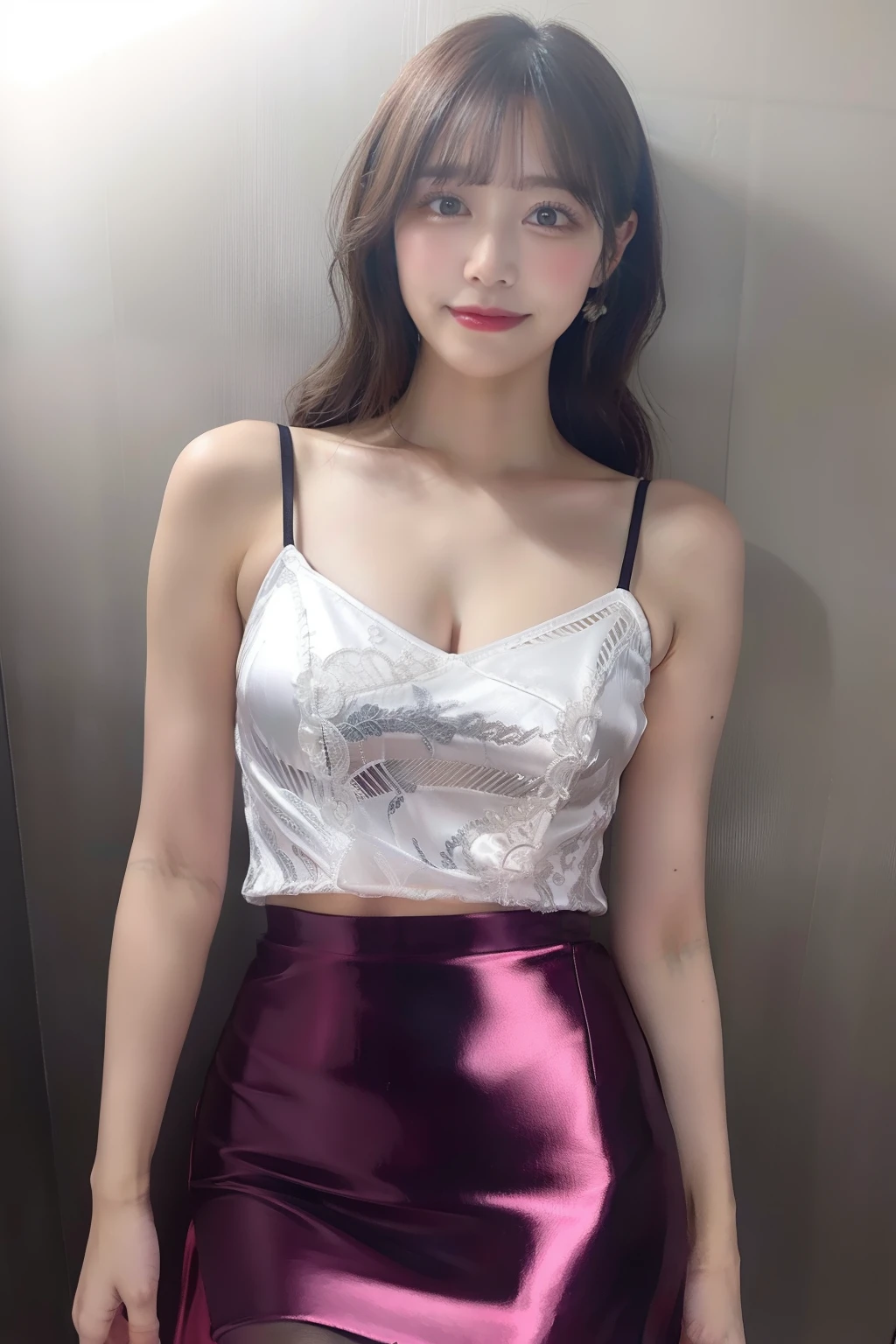 masterpiece, highest quality, alone, 1 girl, glowing skin, sparkling earrings, glamorous, quirky details, slicked hair, attractive, bare shoulders, Sheer lace crop top, Tight Skirt, shallow depth of field, contrasting, Professional Model, facing the front, Overbyte、half open mouth、blush、 small and perky breasts