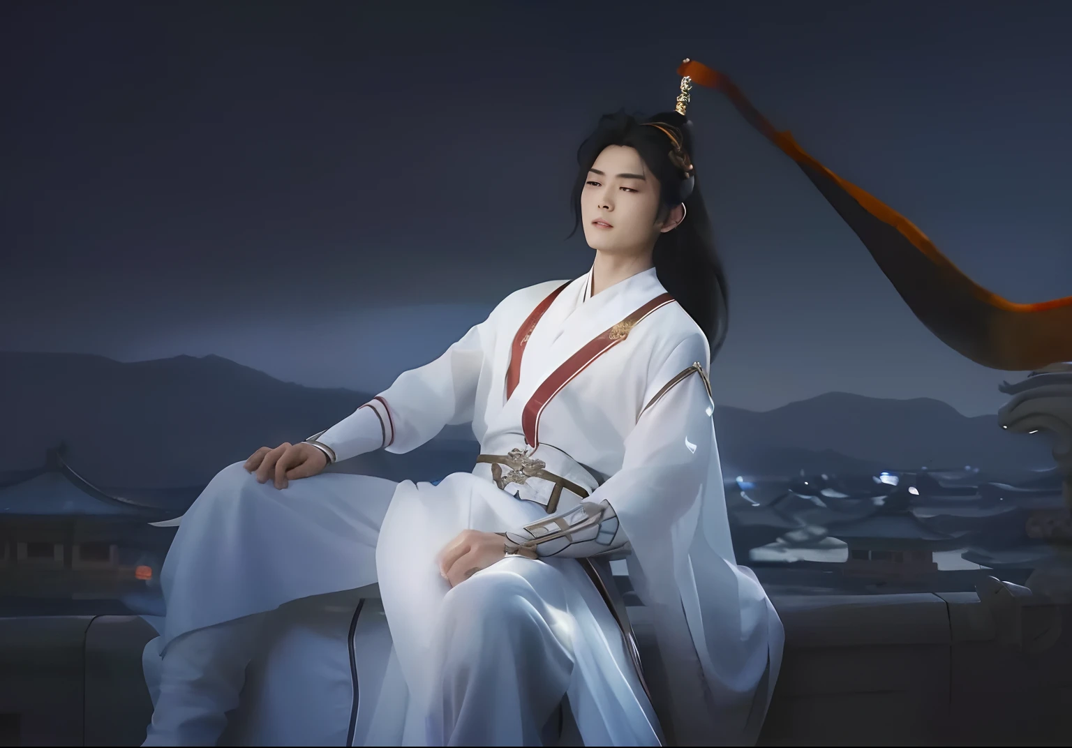 The male protagonist of a Chinese fairy tale drama wearing a white dress,Sitting on the roof with his back against a fairy sword,A flowing red ribbon was tied to the hilt,, xianxia hero, Inspired by Zhao Yuan, White Hanfu, zhao yun, Inspired by Seki Dosheng, Beautiful character painting, Inspired by Cao Zhibai, inspired by Zhu Derun, queen of the sea mu yanling, Cheng Yi,Nice handsome little brother,The face is delicate,k hd