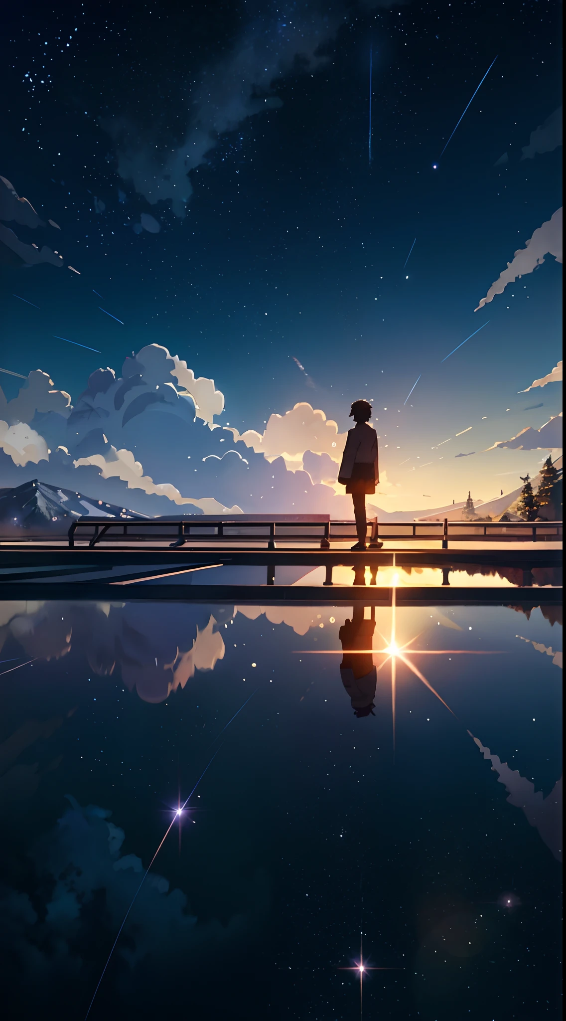 Masterpiece, anime train passing through bodies of water on tracks, bright starry sky. Romantic train, Makoto Shinkai's picture, pixiv, concept art, lofi art style, reflection. by Makoto Shinkai, lofi art, Beautiful anime scene, Anime landscape, detailed scenery —width 672, in style of Makoto shinkai, style of Makoto shinkai, enhanced details.