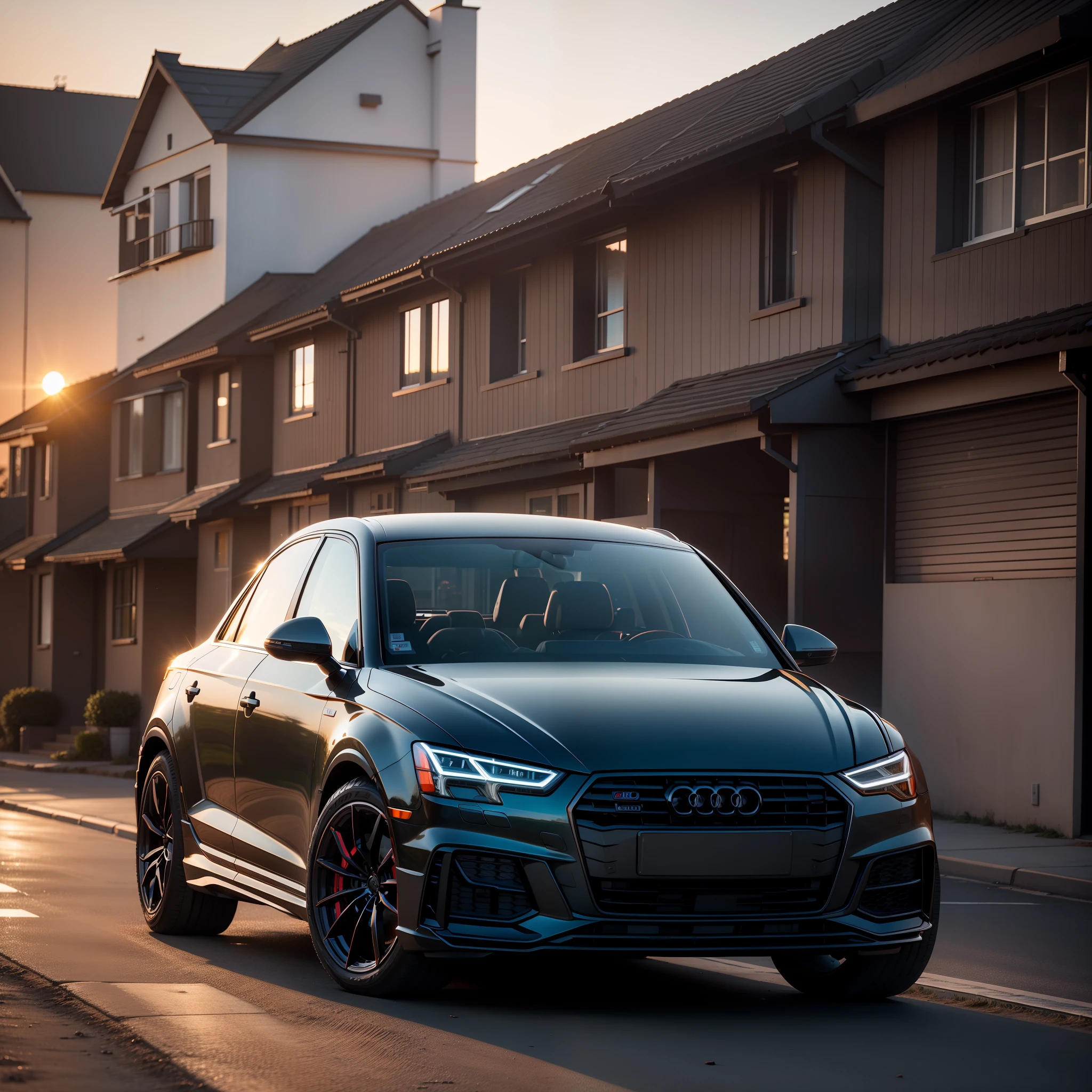 Audi Black Park in front of the house The sunset shines on the car 8k
