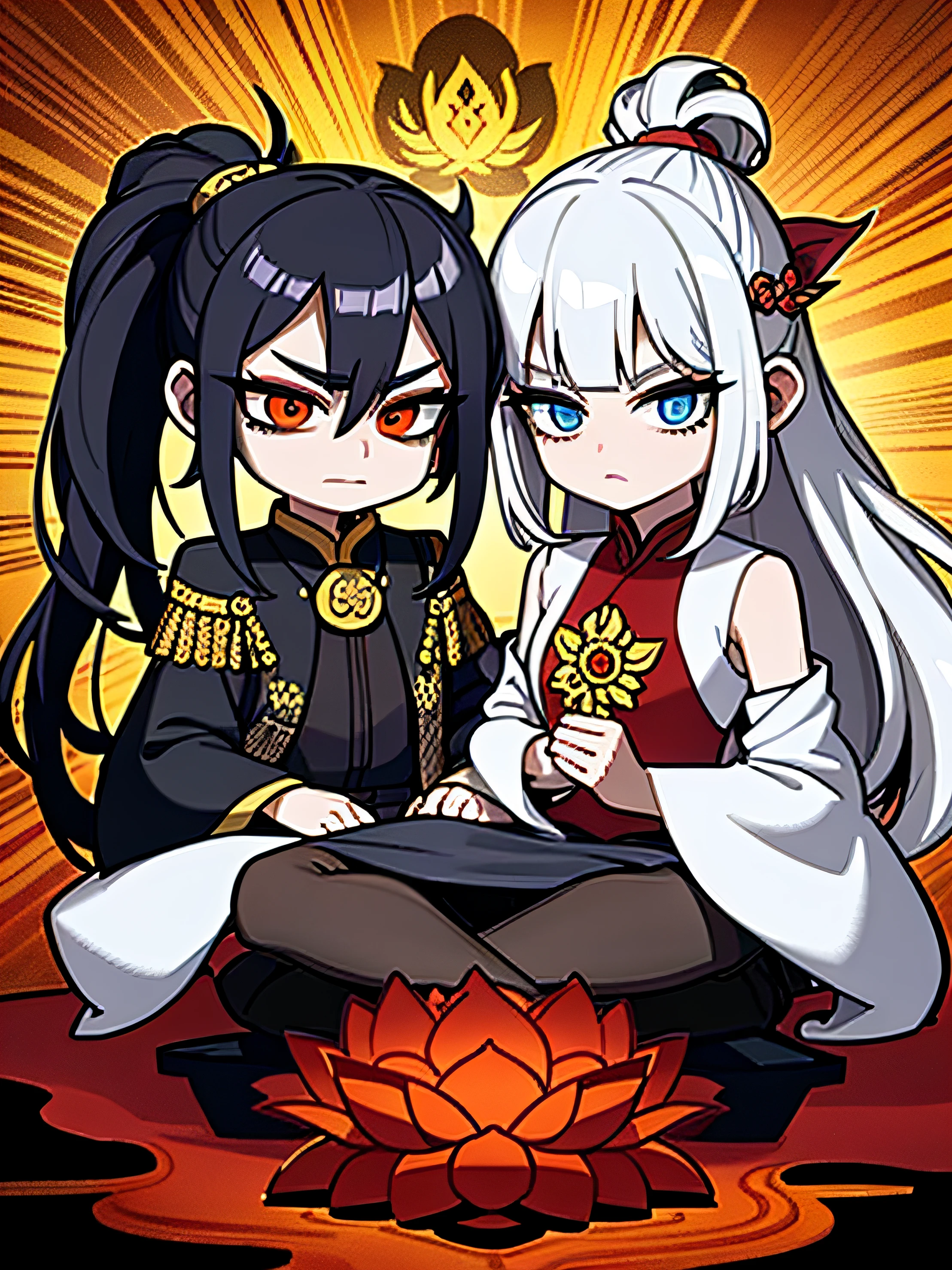 Puppets, Asura Bodhisattva,Wear a lotus-patterned cloak ,Black-blue gradient hair color,Tie a ponytail,eBlue eyes,Four hands,Unruly expression,Buddha,Buddhist,Lotus element,Thangka style,Crop topping,bandagens