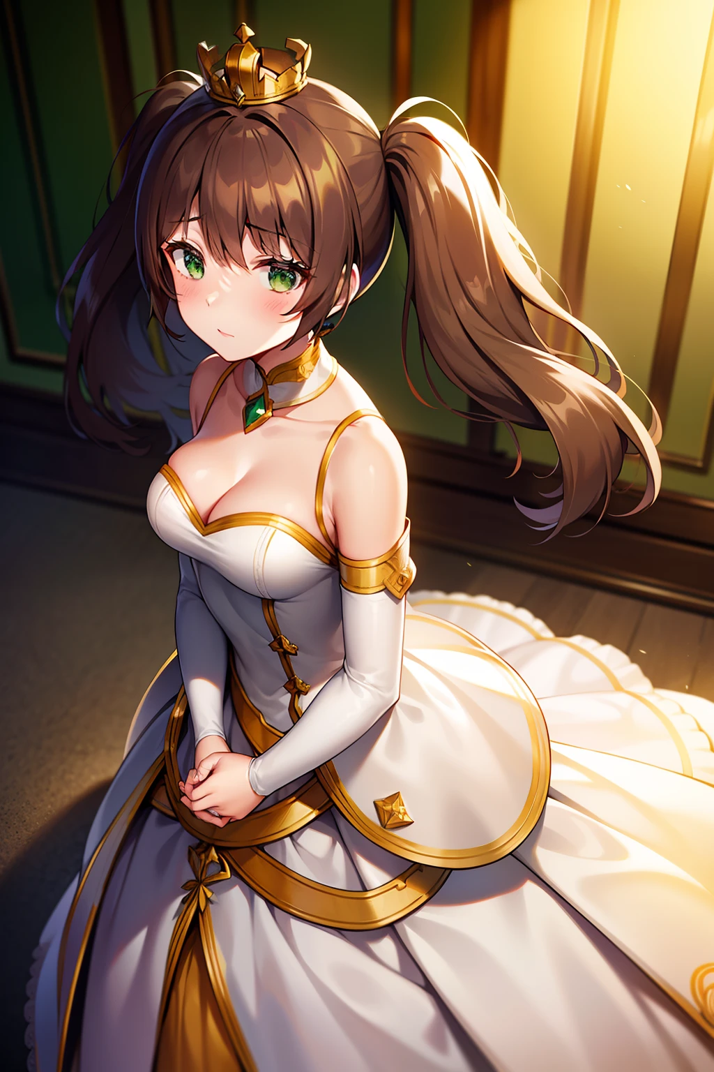 woman, medium breasts, brown hair, green eyes, medium hair, twintails, crown, blush, standing, dress, white dress, wedding dress, veil, detailed dress