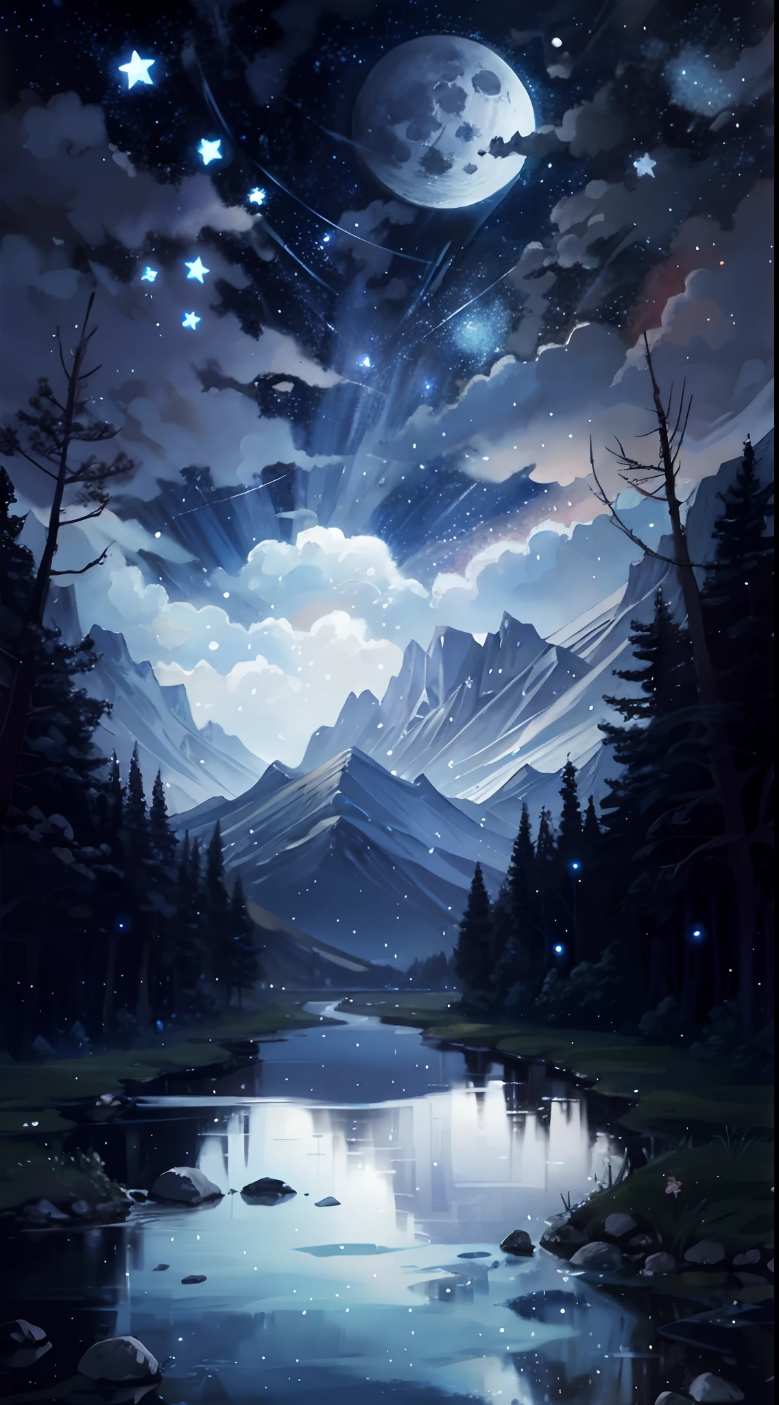 A painting of a river with stars and moon in the sky, concept art inspired by Tosa Mitsuoki, pixiv contest winner, best quality, fantasy art, beautiful anime scene, a bright moon, moonlit starry environment, dream painting, Anime Background Art, Fantasy Landscape Art, Fantasy Night, Anime Background, Background Artwork, Fantastic Art, Atmospheric Anime, Starry Sky, Detail Enhanced.