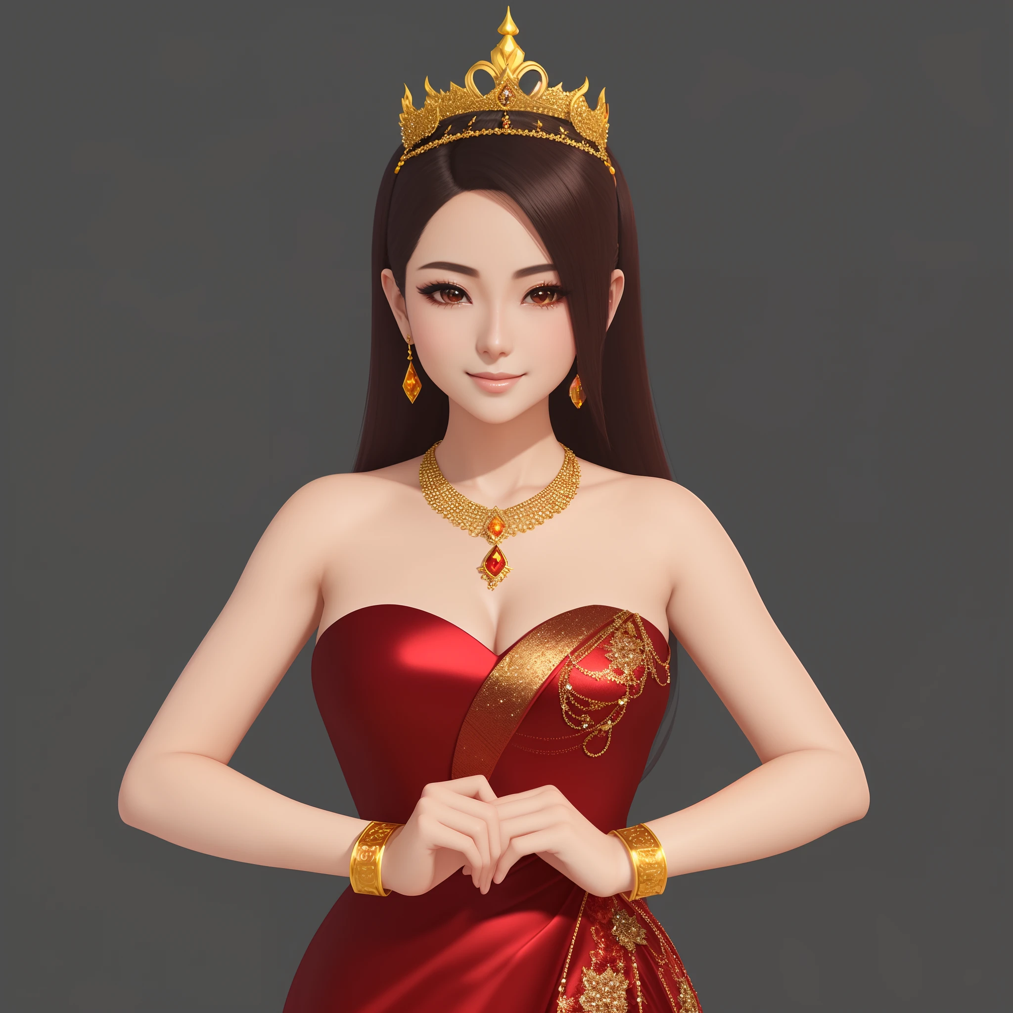 Thai style,The woman wears a gorgeous red evening dress, The dress is covered with sequins,Sparkling,He wears the crown of a princess on his head,Wear a gold gemstone necklace,Gold gemstone bracelet,Smooth anime CG art, 3D CG, 3 D CG, full-body xianxia, upper body avatar, render of a cute 3d anime girl, digital art of an elegant, 2 d cg, elegant smiling pose, anime styled 3d, 3d anime girl