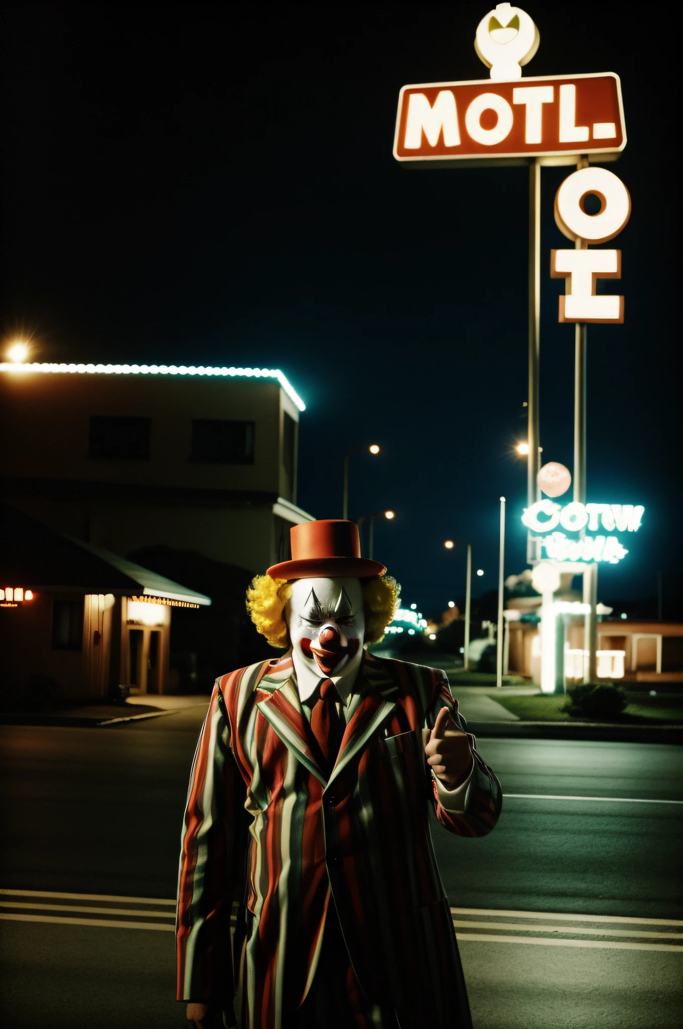 motel、Clown in front of the motel、Clown is pointing finger、Nostalgic but unsettling photos、Images in a dream、uneasy、Pretty dark image、Grainy photo、Film Touch、