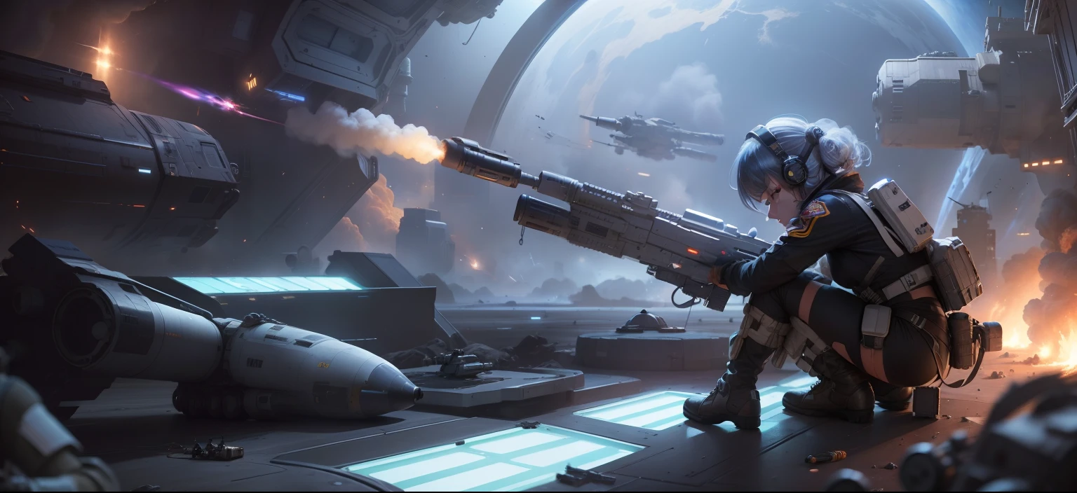 space girl with gun fighting wars, space battle war, fighting bad guys crouched down athletic shooting posing, space station, smoke, gunfire, 64k resolution hyperdetailed, photorealistic, in the style of Carlos