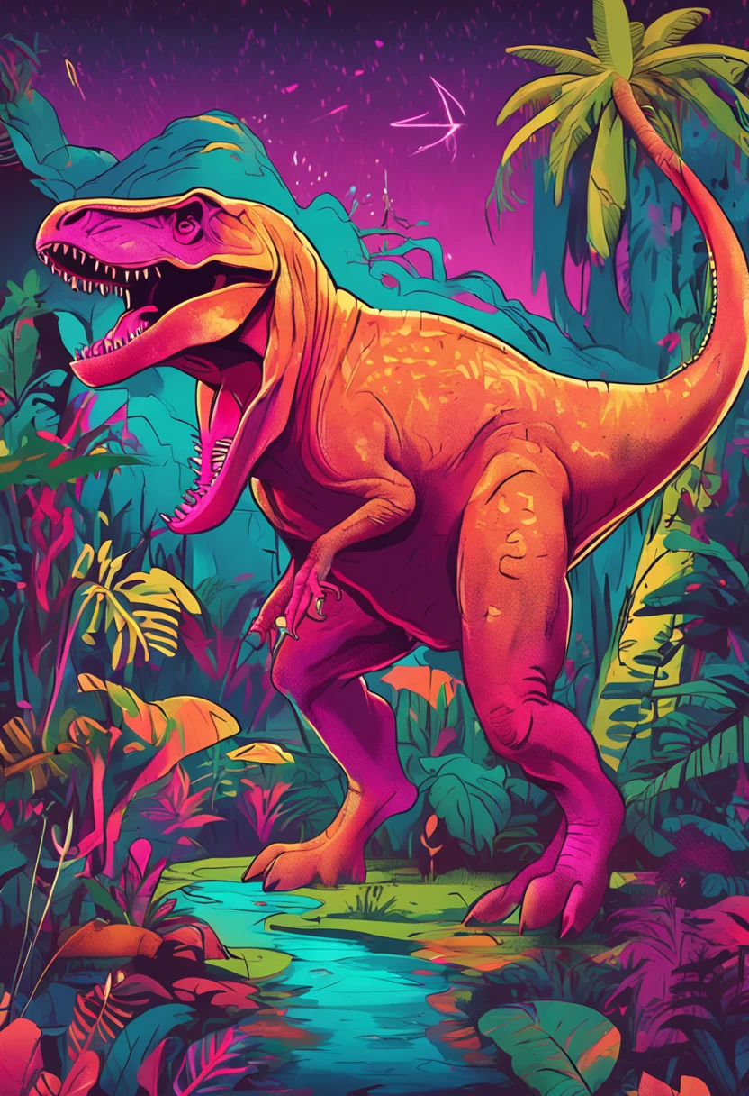 A dinosaur，Vibrant and colorful collage, With neon lights and shocking animals.flatillustration