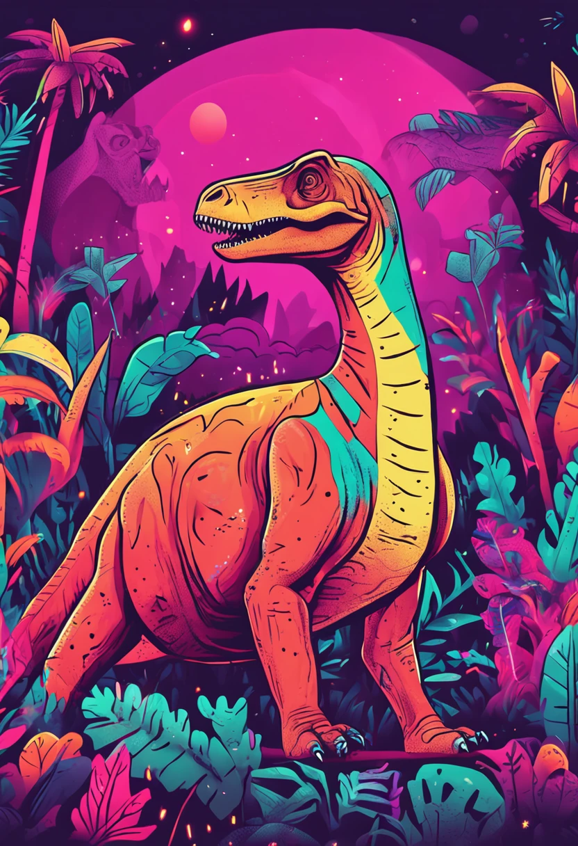 A dinosaur，Vibrant and colorful collage, With neon lights and shocking animals.flatillustration