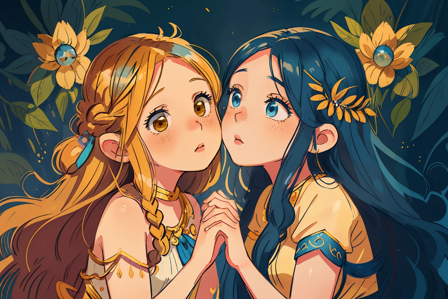 adesivo, fundo simples, portrait, 2 girls, couple, kissing, girl with long hair, beautiful goddess girl, goddess aesthetic, beautiful girl, very beautiful fantasy art, beautiful and elegant female goddess, beautiful detailed fantasy, yellow and blue color palate, blue color-theme