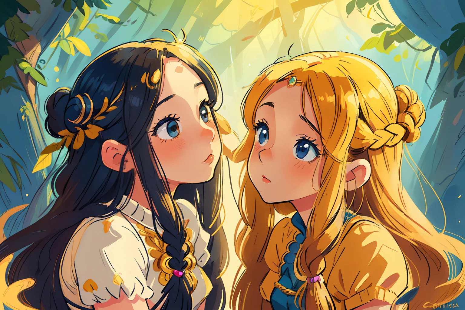 adesivo, fundo simples, portrait, 2 girls, couple, kissing, girl with long hair, beautiful goddess girl, goddess aesthetic, beautiful girl, very beautiful fantasy art, beautiful and elegant female goddess, beautiful detailed fantasy, yellow and blue color palate, blue color-theme