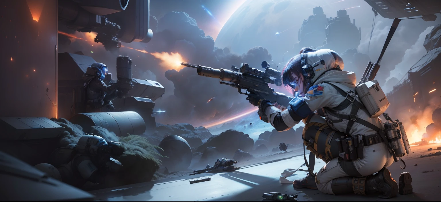 space girl with gun fighting wars, space battle war, fighting bad guys crouched down athletic shooting position, space station, smoke, gunfire, three armed enemy, two space suit bystanders, 64k resolution hyperdetailed, photorealistic, in the style of Robert Rodriguez