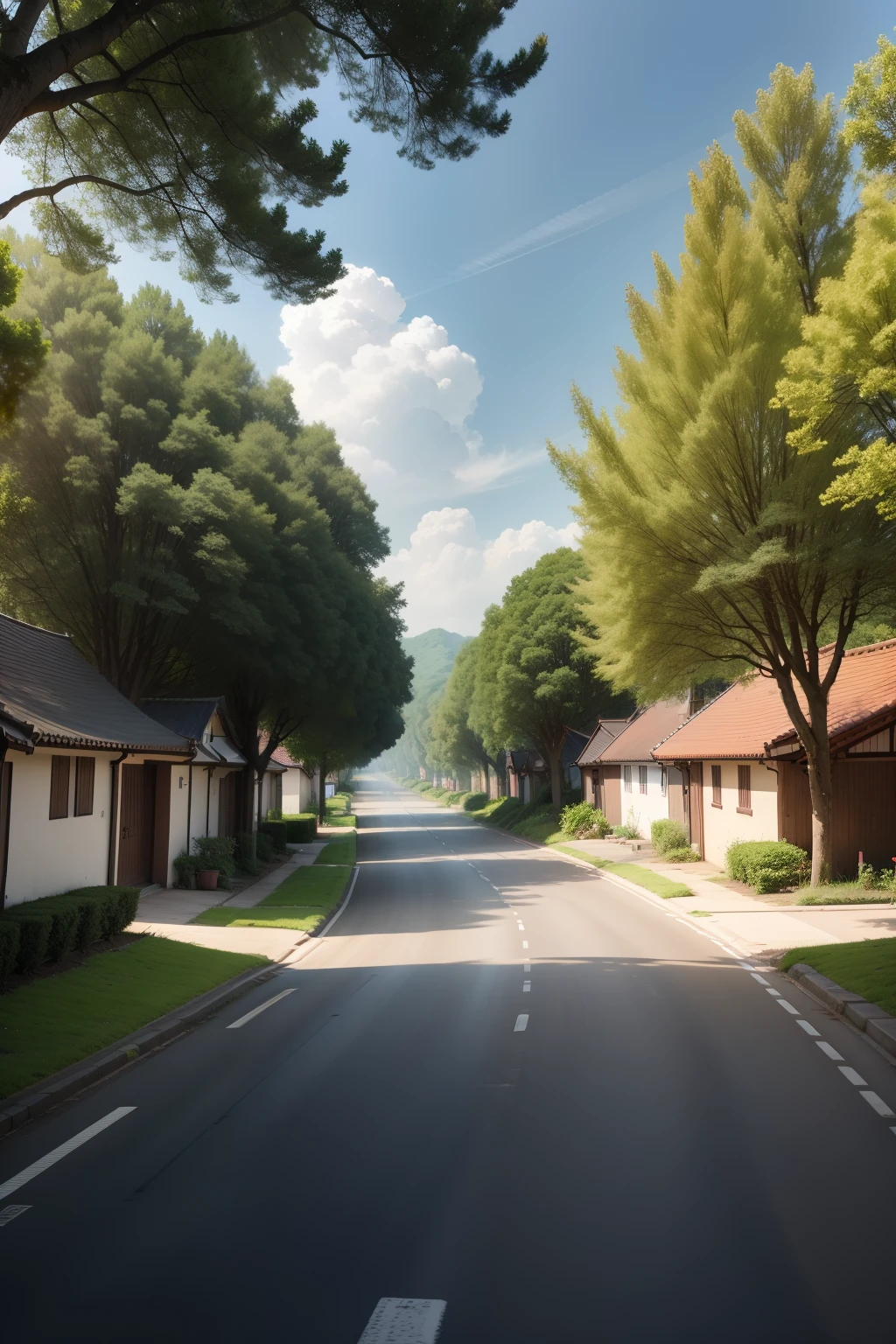 Day wind，Country lanes，the trees，blossoms，Skysky，baiyun，hyper HD，Several houses on the road，Relaxing scenery，8k，hdr